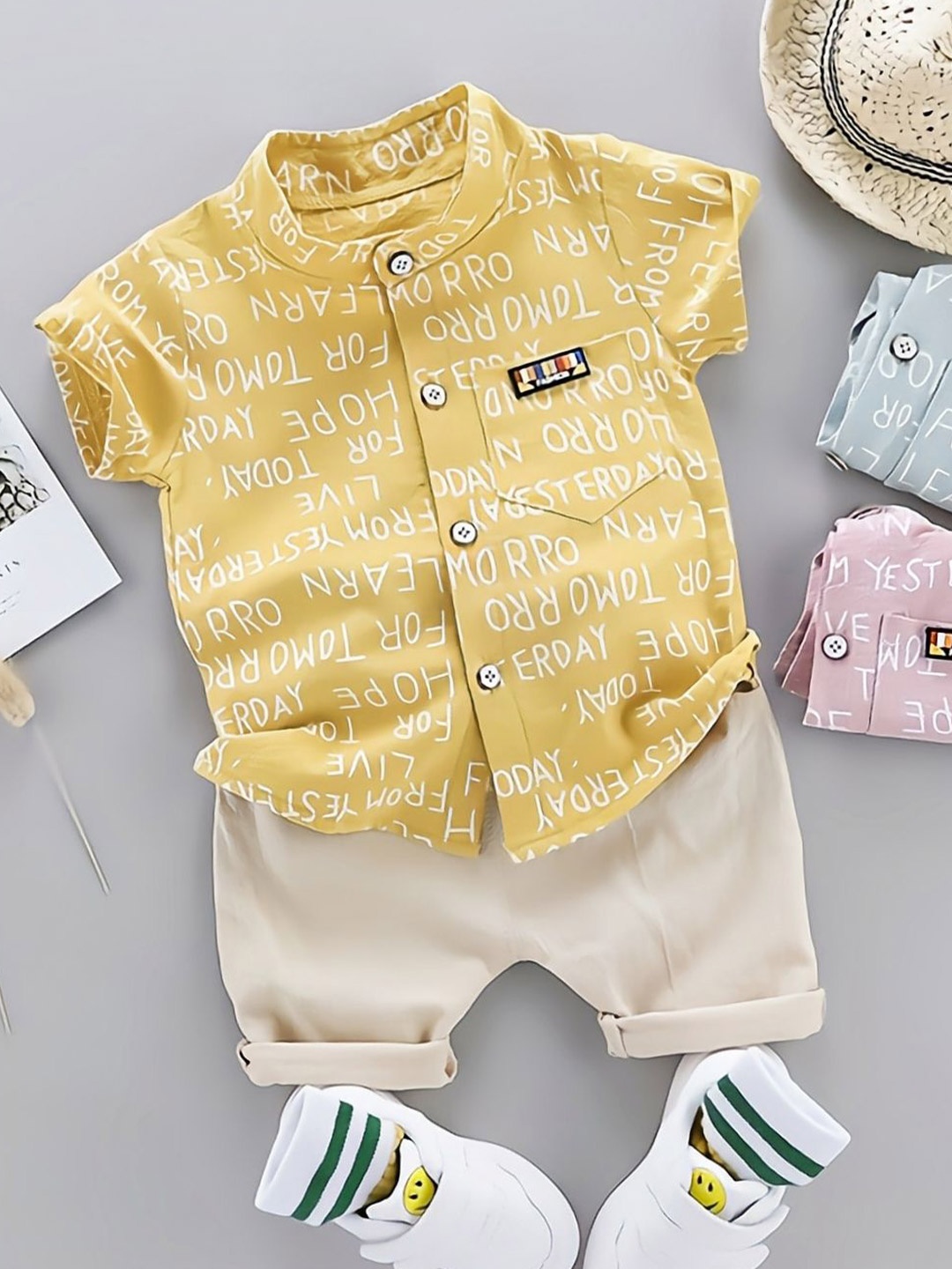 

ULTRINA Boys Printed Band Collar Short Sleeves Shirt With Shorts, Yellow