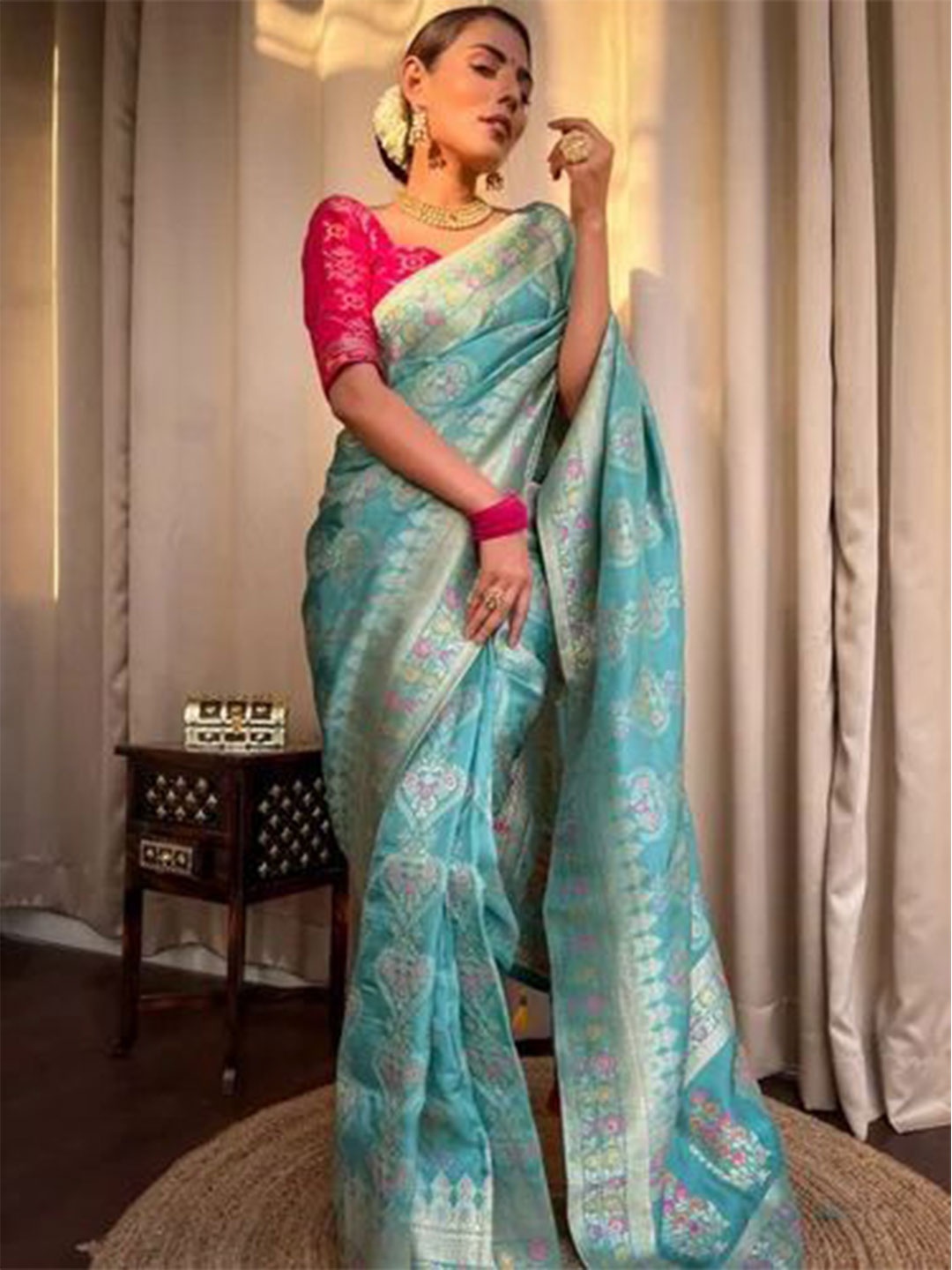 

zinzraa Zari Pure Silk Kanjeevaram Saree, Sea green