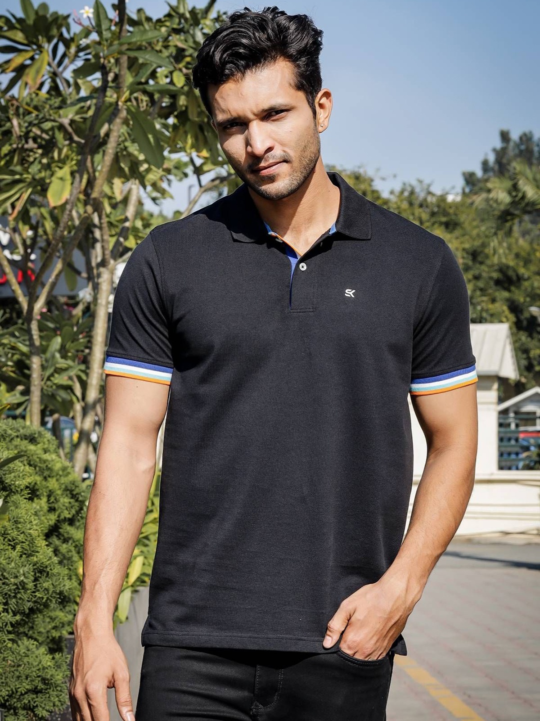 

ONE SKY Men Solid Polo Collar Cotton T-shirt, Black
