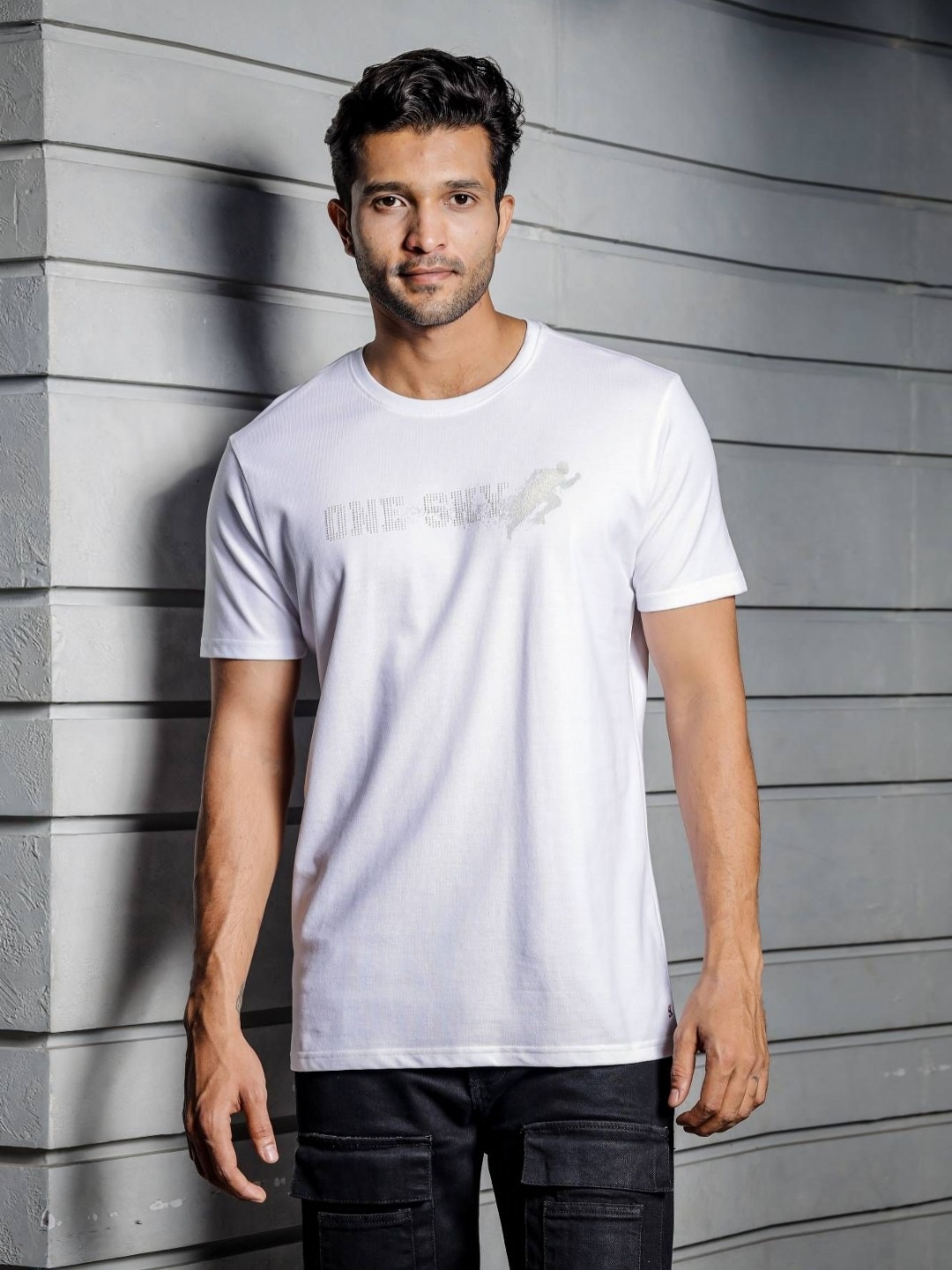 

ONE SKY Men Typography Printed Round Neck Cotton T-shirt, White