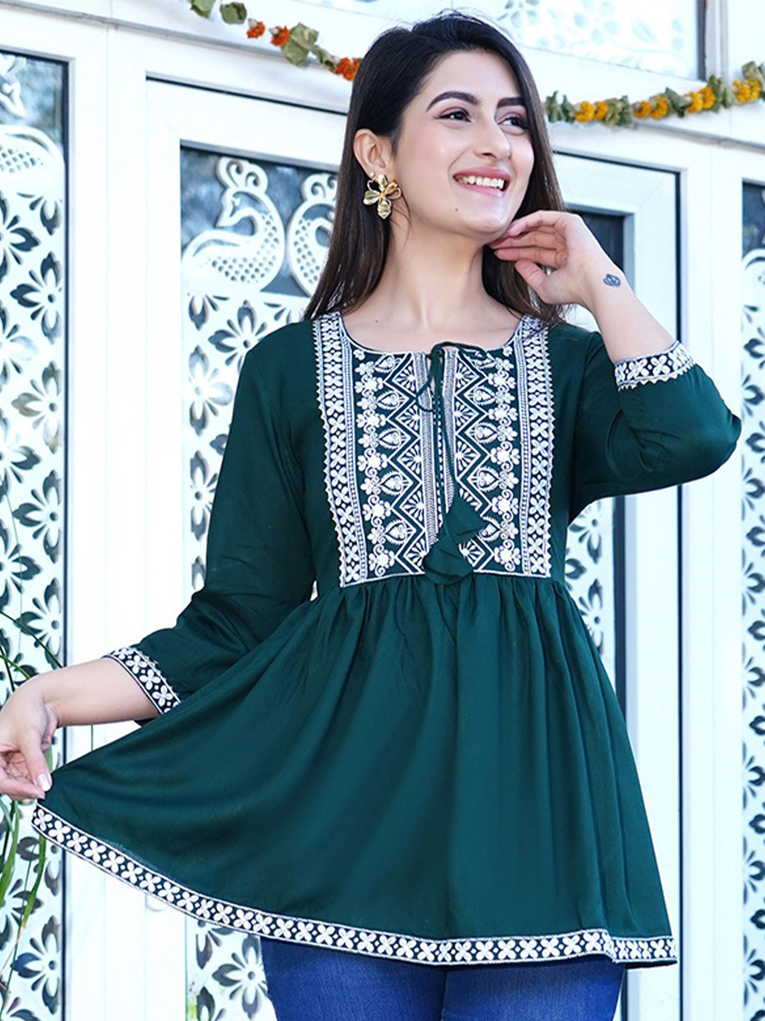 

SUBHLAXMI FASHION Women Embroidered Cotton Top, Green
