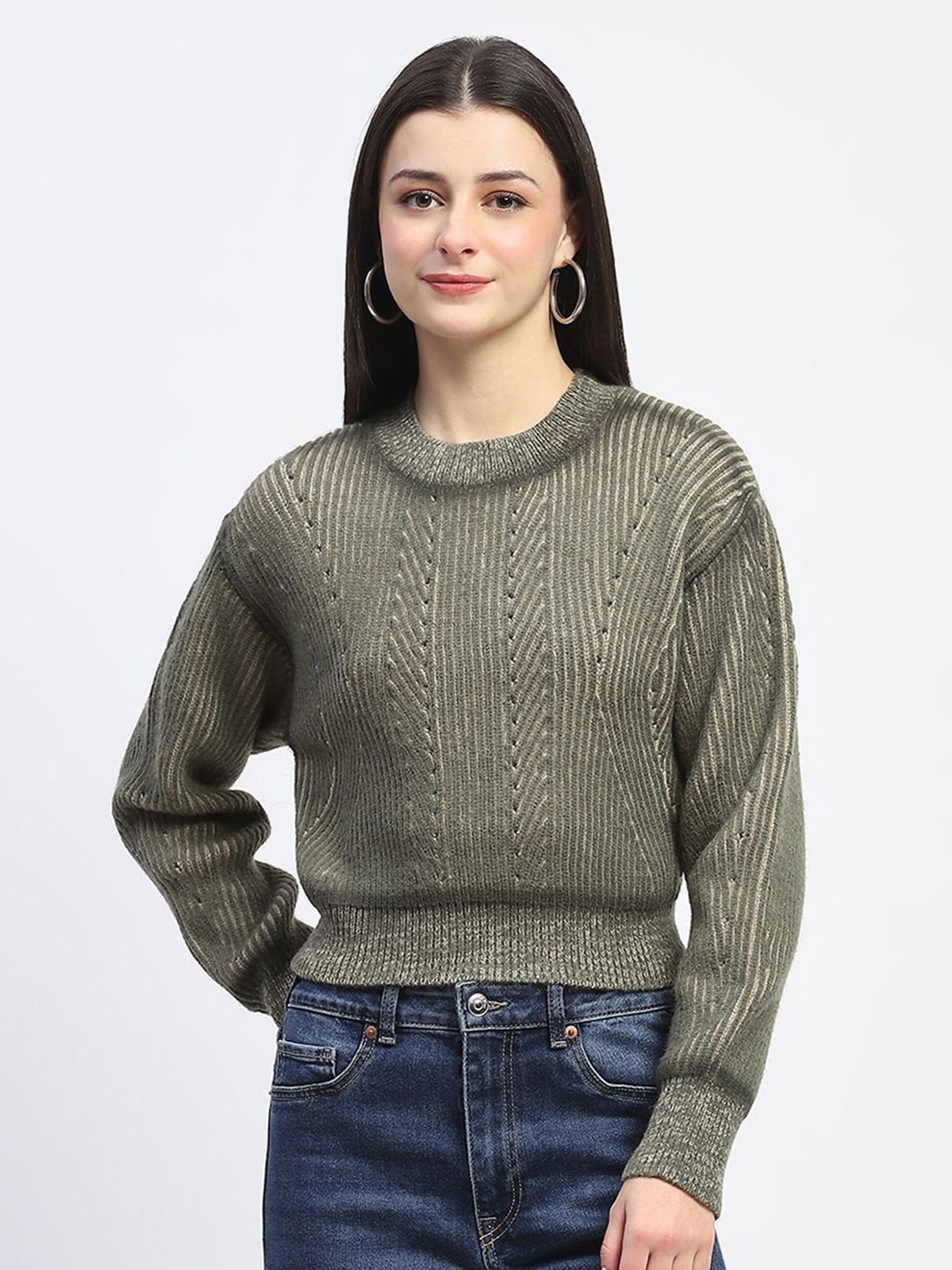 

Madame Women Ribbed Long Sleeves Pullover, Green