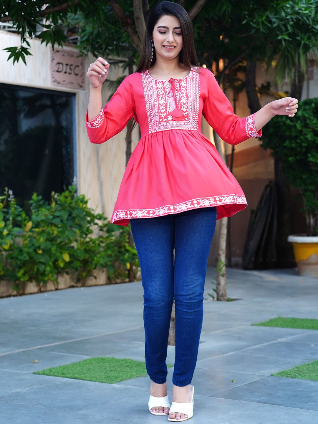 

SUBHLAXMI FASHION Women Embroidered Cotton Top, Pink