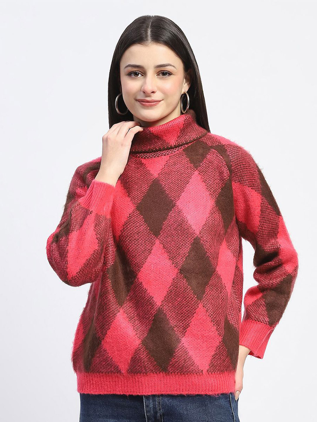 

Madame Women Turtle Neck Self Design Pullover, Pink