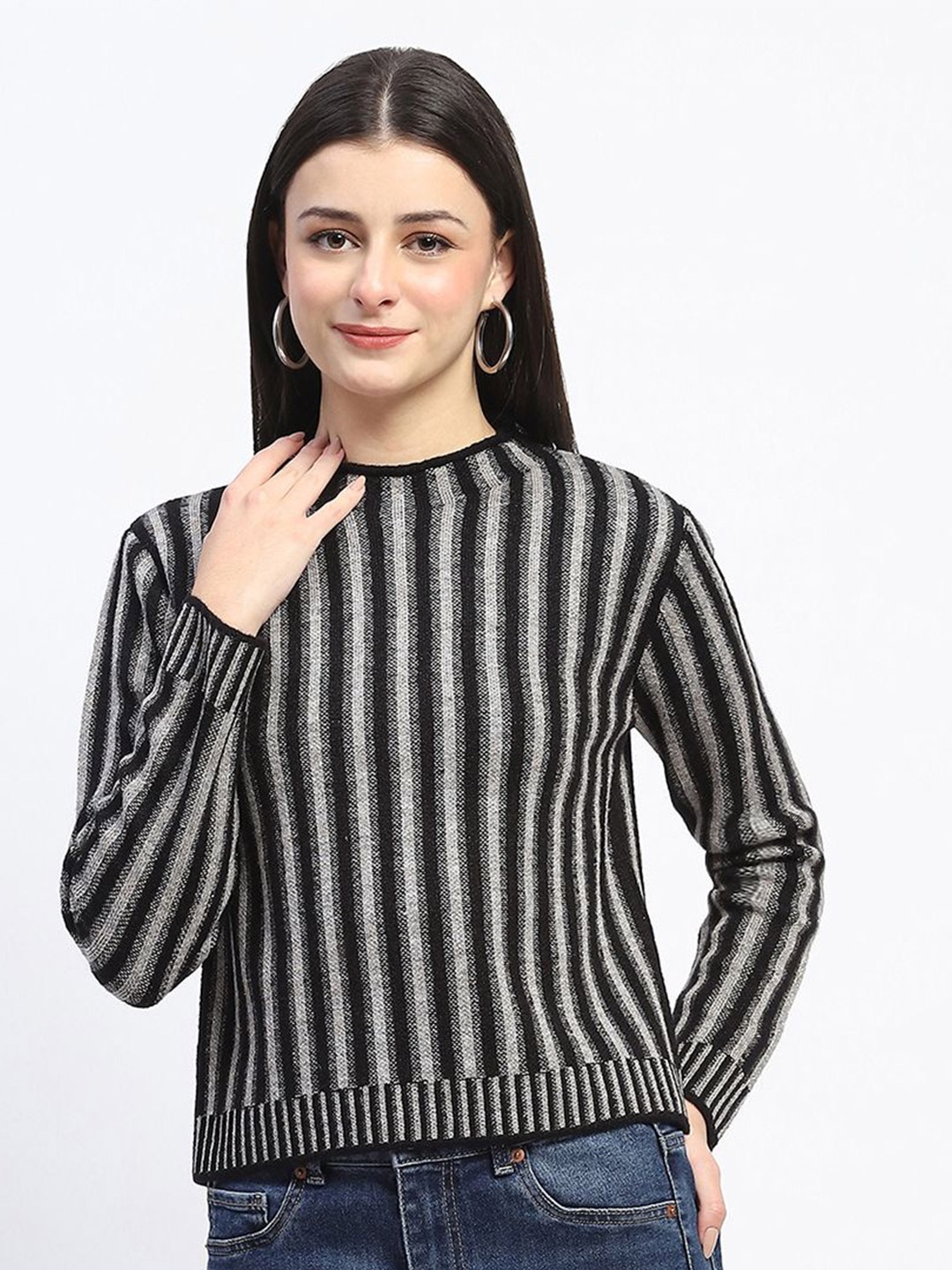 

Madame Women Striped Pullover, Black