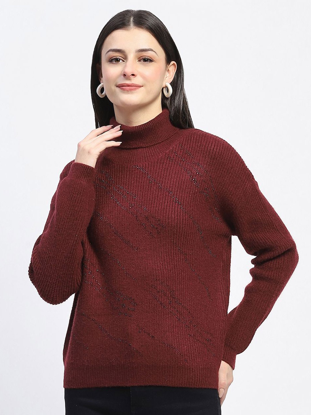 

Madame Women Ribbed Pullover with Embellished Detail, Maroon