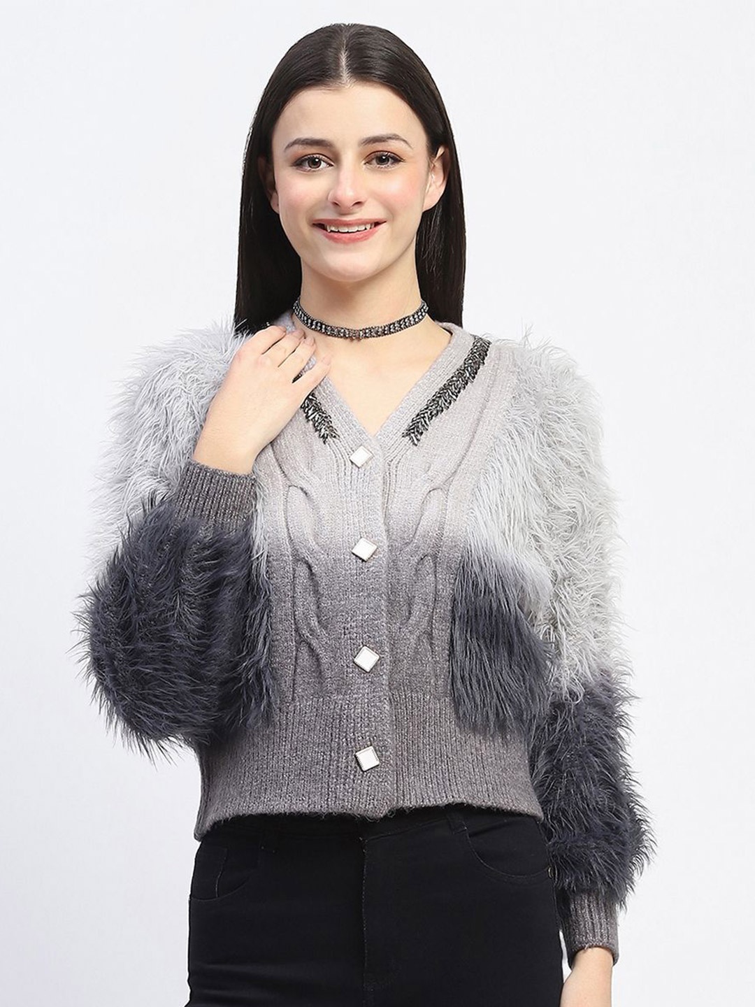 

Madame Women Self Design Colourblocked Crop Cardigan with Fuzzy Detail, Grey