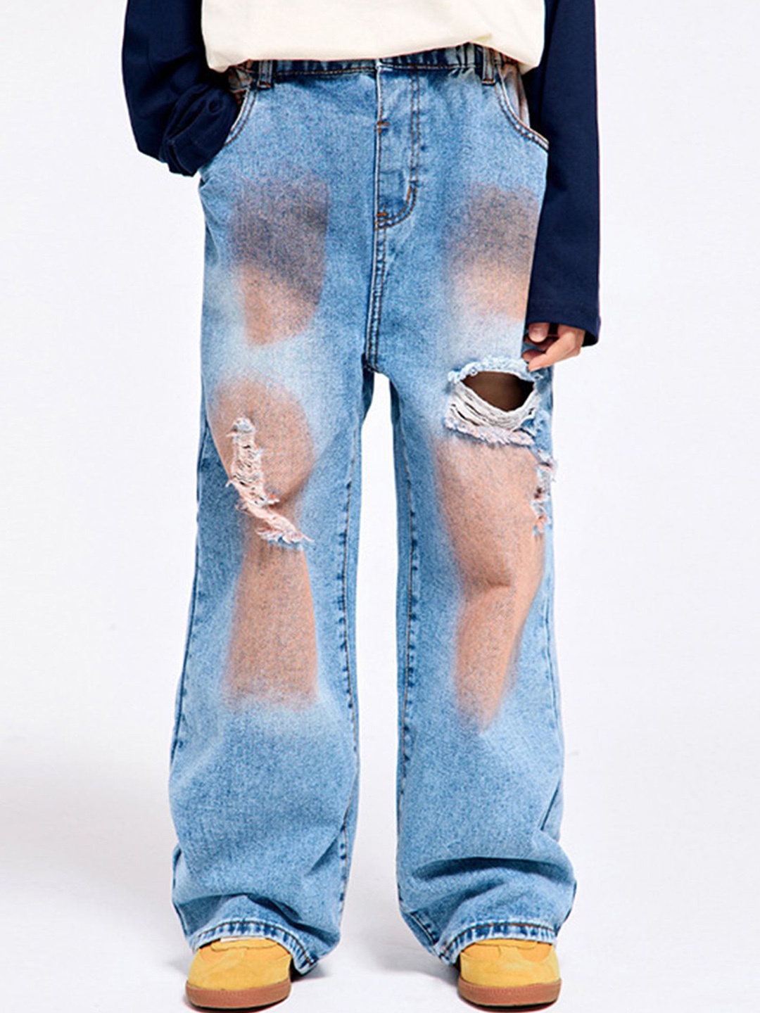 

LULU & SKY Boys Straight Fit High-Rise Mildly Distressed Dyed Heavy Fade Jeans, Blue