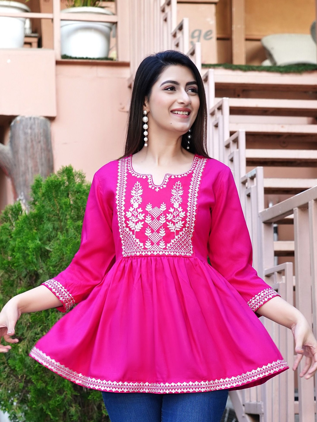 

SUBHLAXMI FASHION Women Floral Embroidered Cotton Peplum Top, Pink