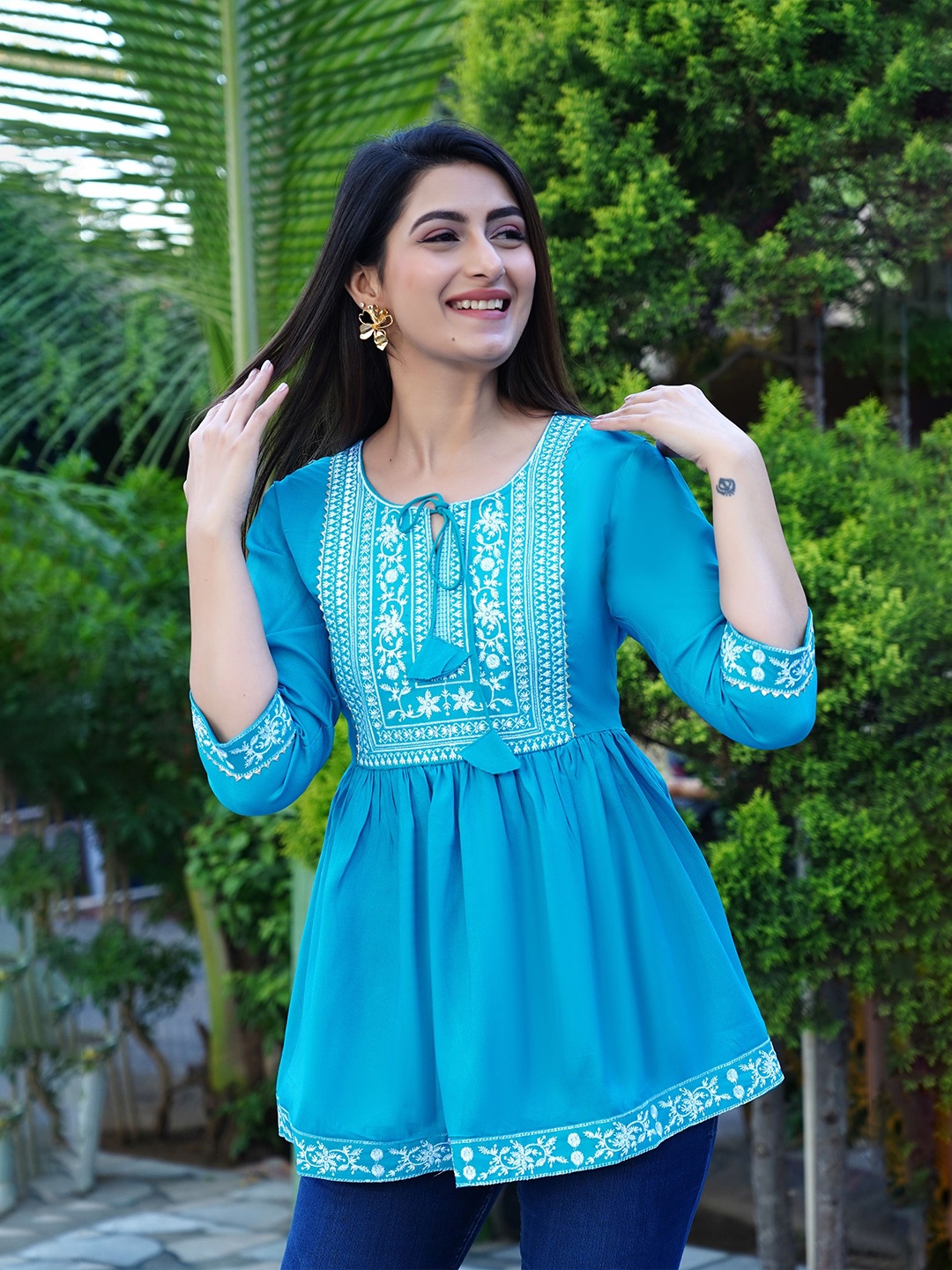 

SUBHLAXMI FASHION Embroidered Round Neck Cotton Top, Blue