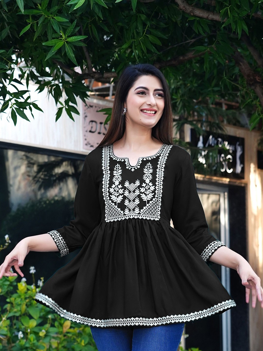 

SUBHLAXMI FASHION Women Floral Embroidered Cotton A-Line Top, Black