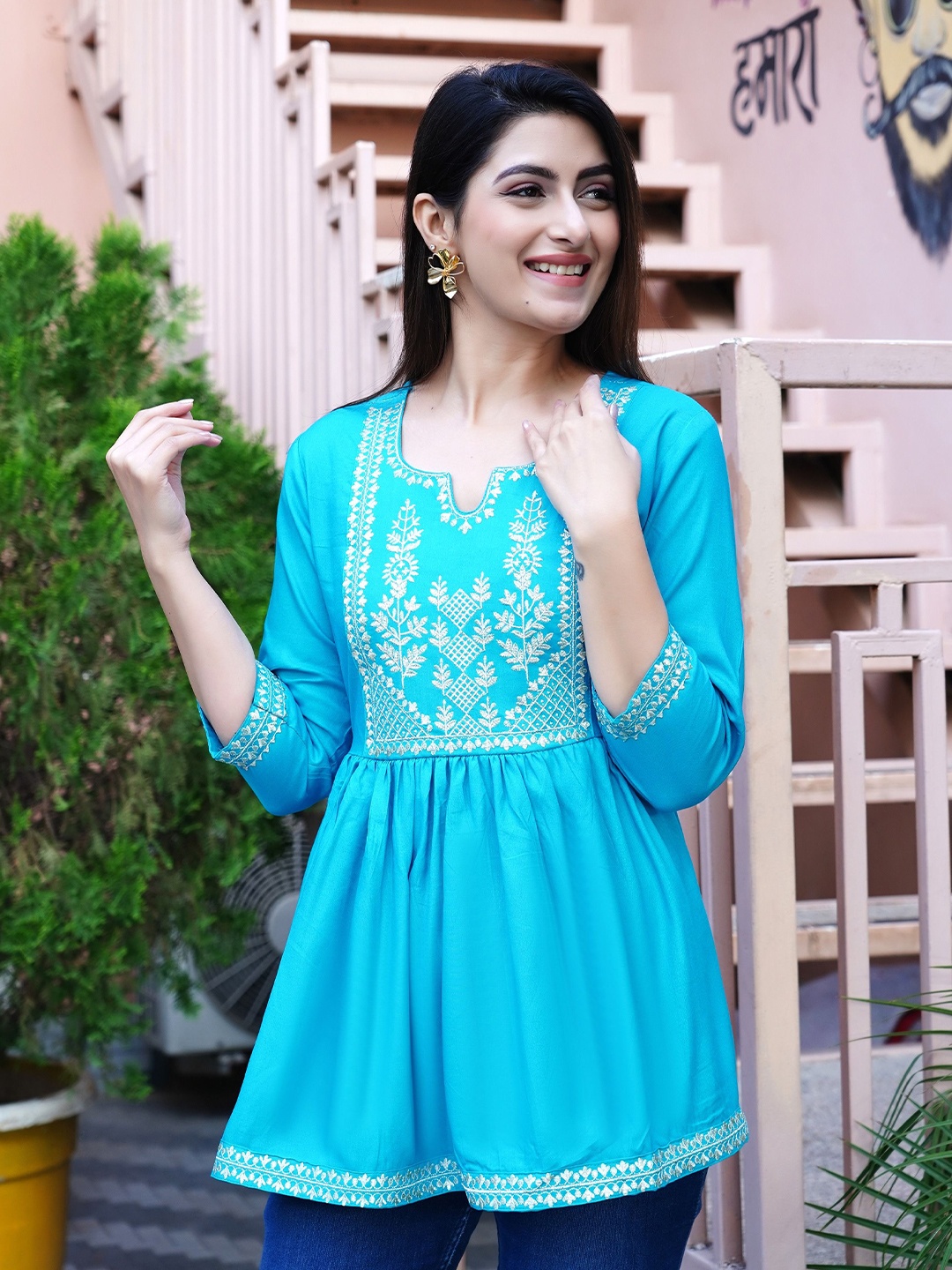 

SUBHLAXMI FASHION Embroidered Cotton A-Line Top, Blue