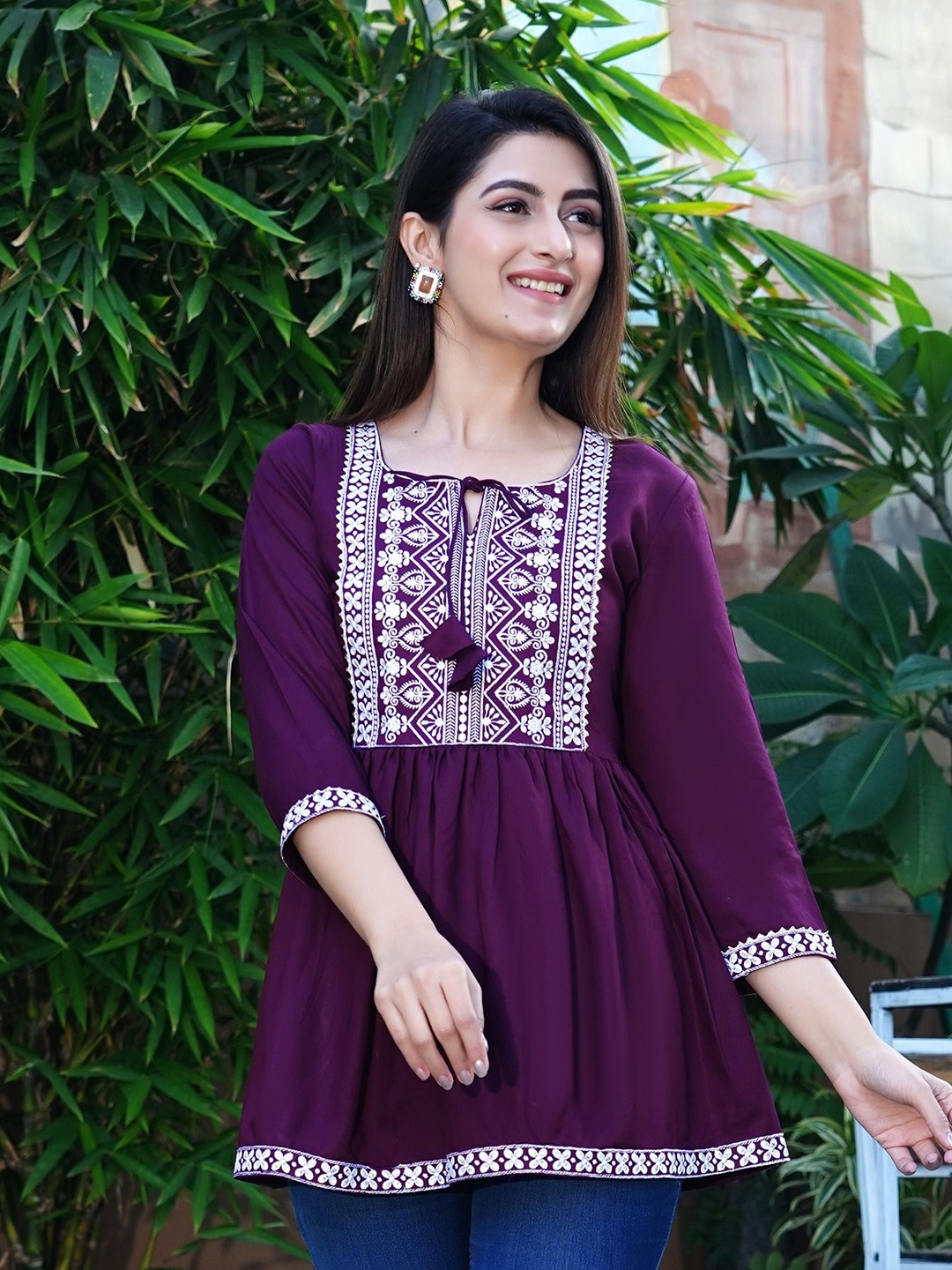 

SUBHLAXMI FASHION Floral Embroidered Sweetheart Neck Cotton Top, Maroon