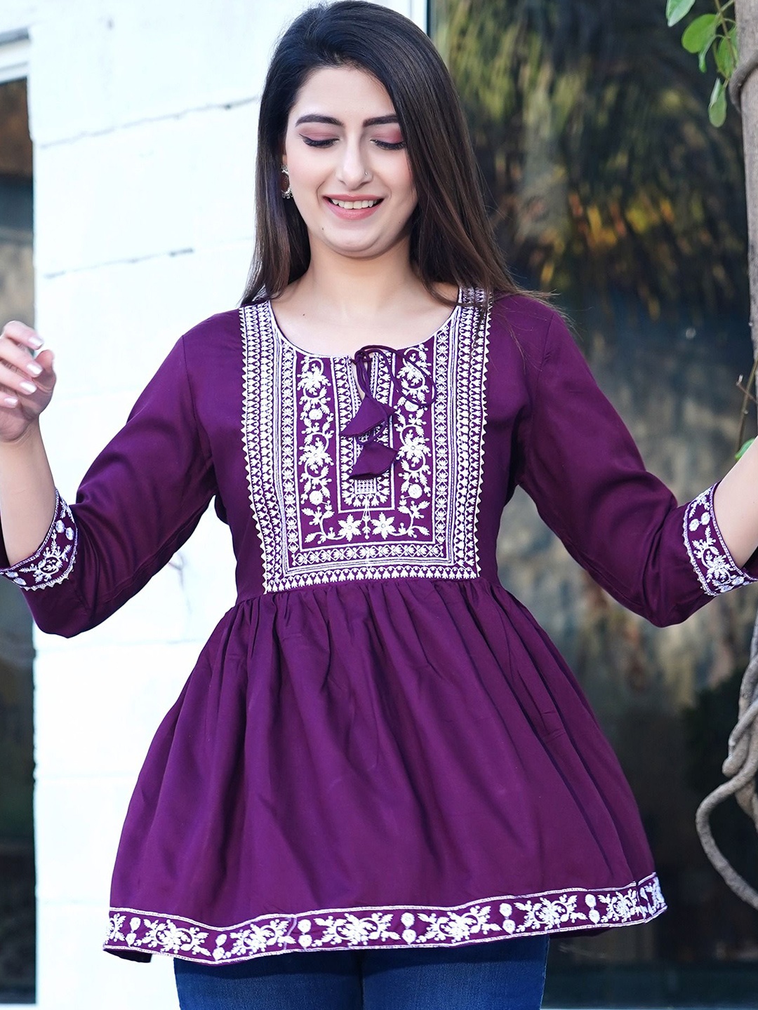 

SUBHLAXMI FASHION Women Floral Embroidered Sweetheart Neck Cotton Top, Purple