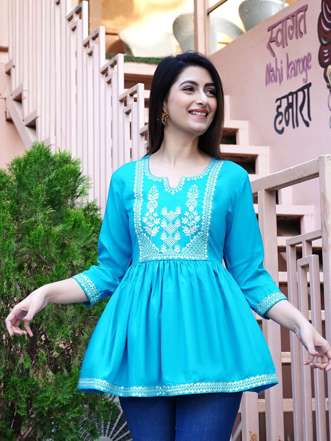 

SUBHLAXMI FASHION Women Embroidered Cotton Top, Blue