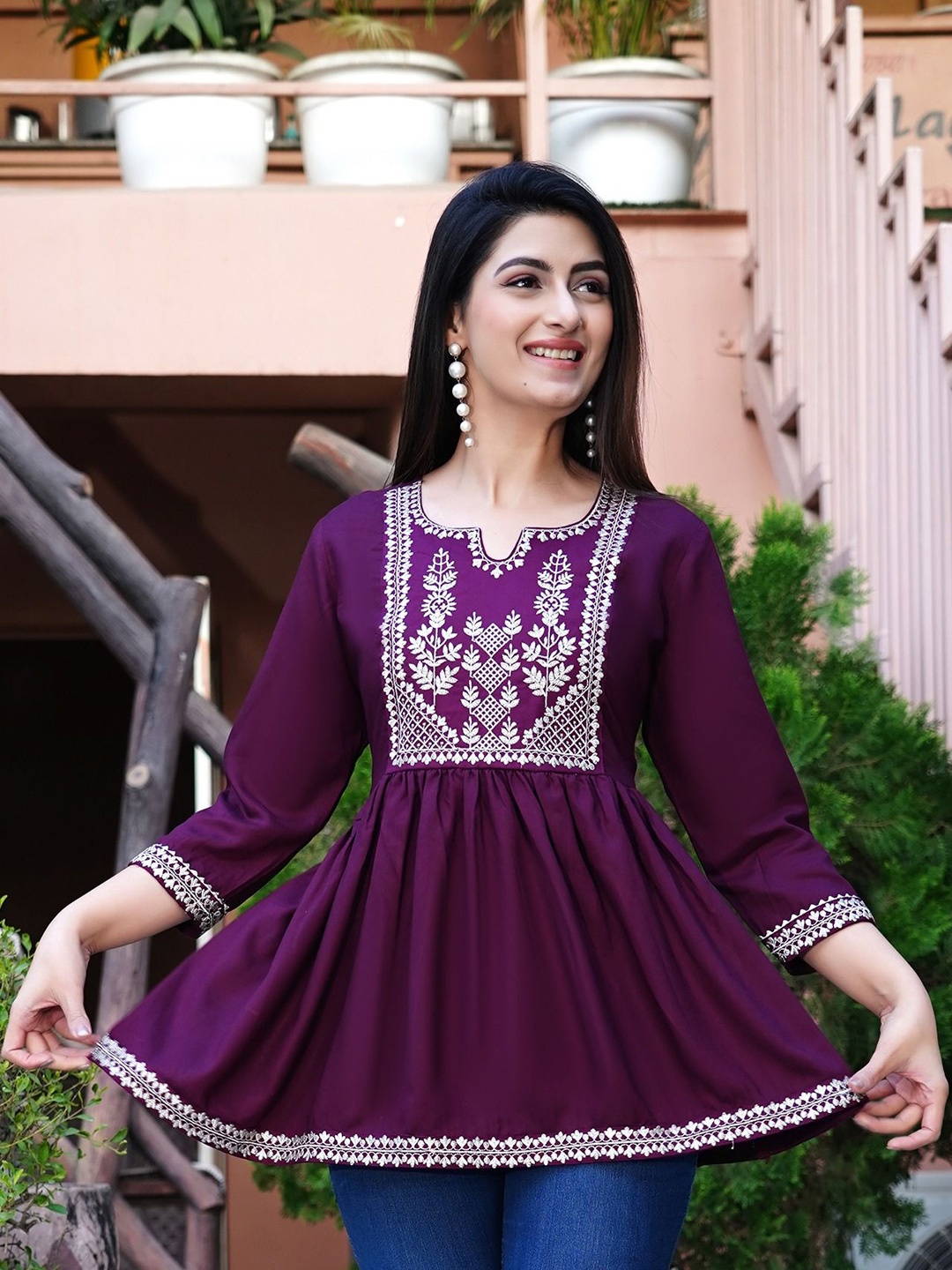 

SUBHLAXMI FASHION Women Floral Embroidered Sweetheart Neck Cotton Top, Maroon