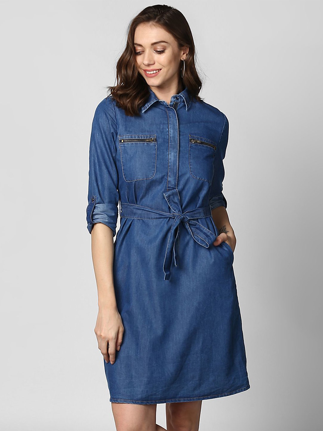 

StyleStone Women Shirt Collar Shirt Dress, Blue