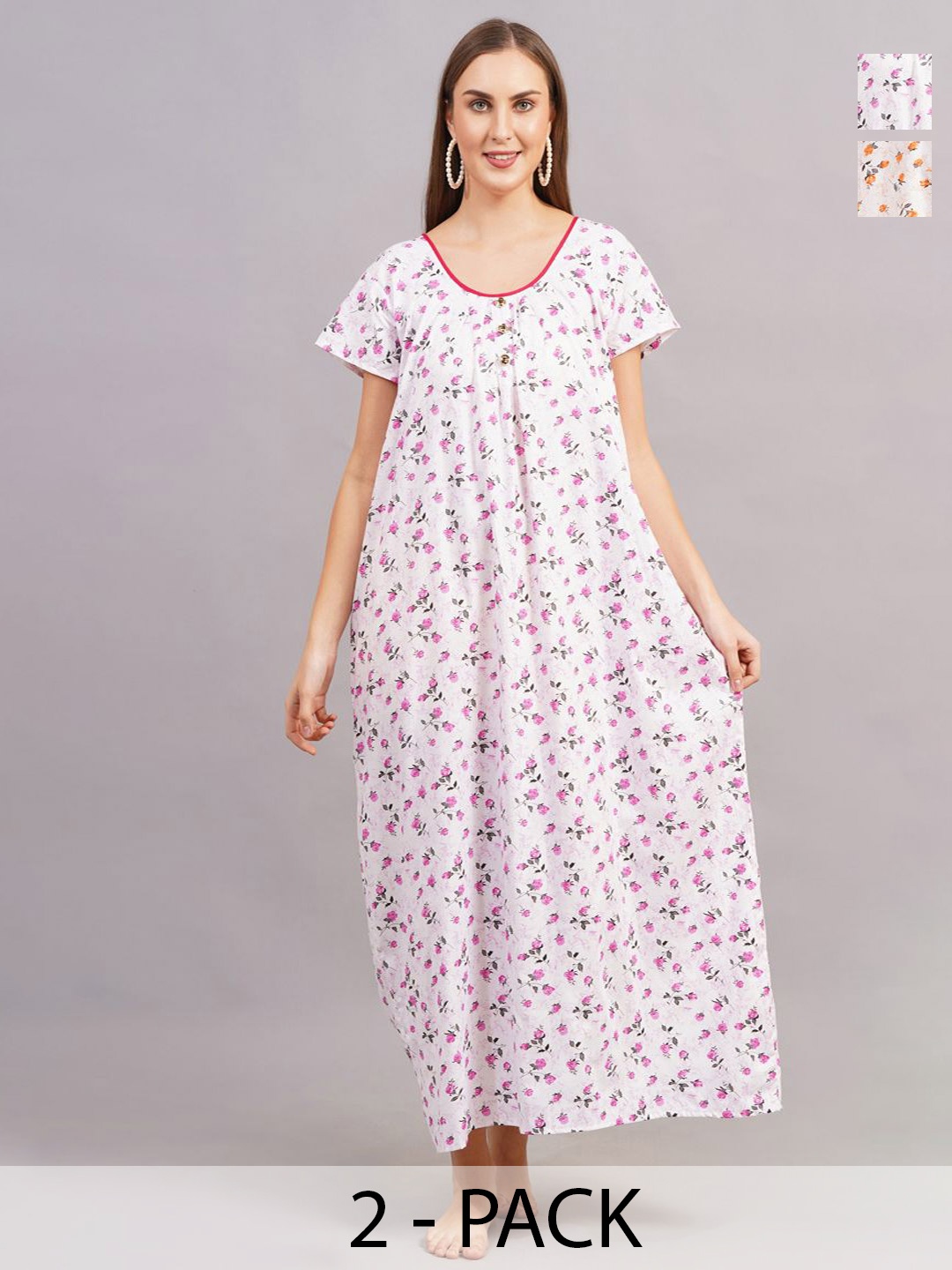 

Breezly Pack Of 2 Pure Cotton Printed Maxi Nightdress, Pink