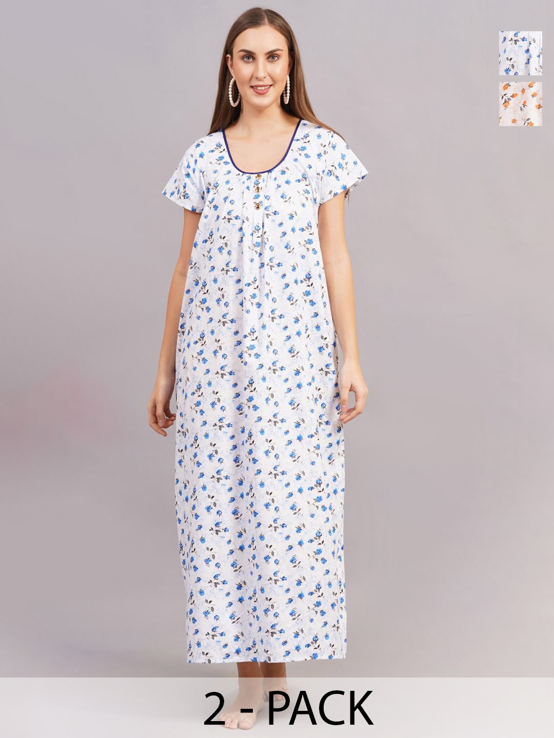 

Breezly Pack Of 2 Pure Cotton Printed Maxi Nightdress, White