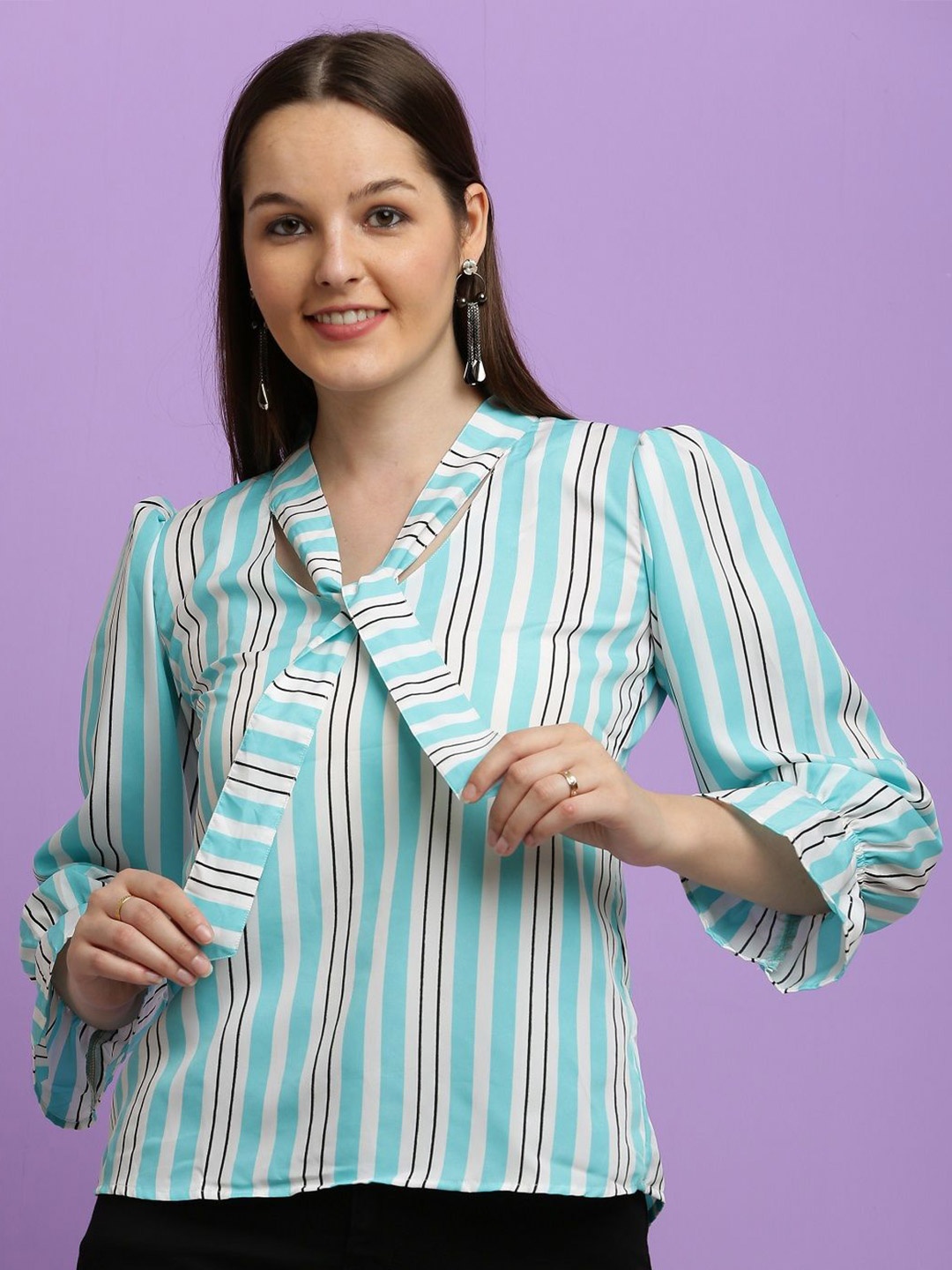

BAESD Women Striped Front Tie-Knot Style Top, Blue