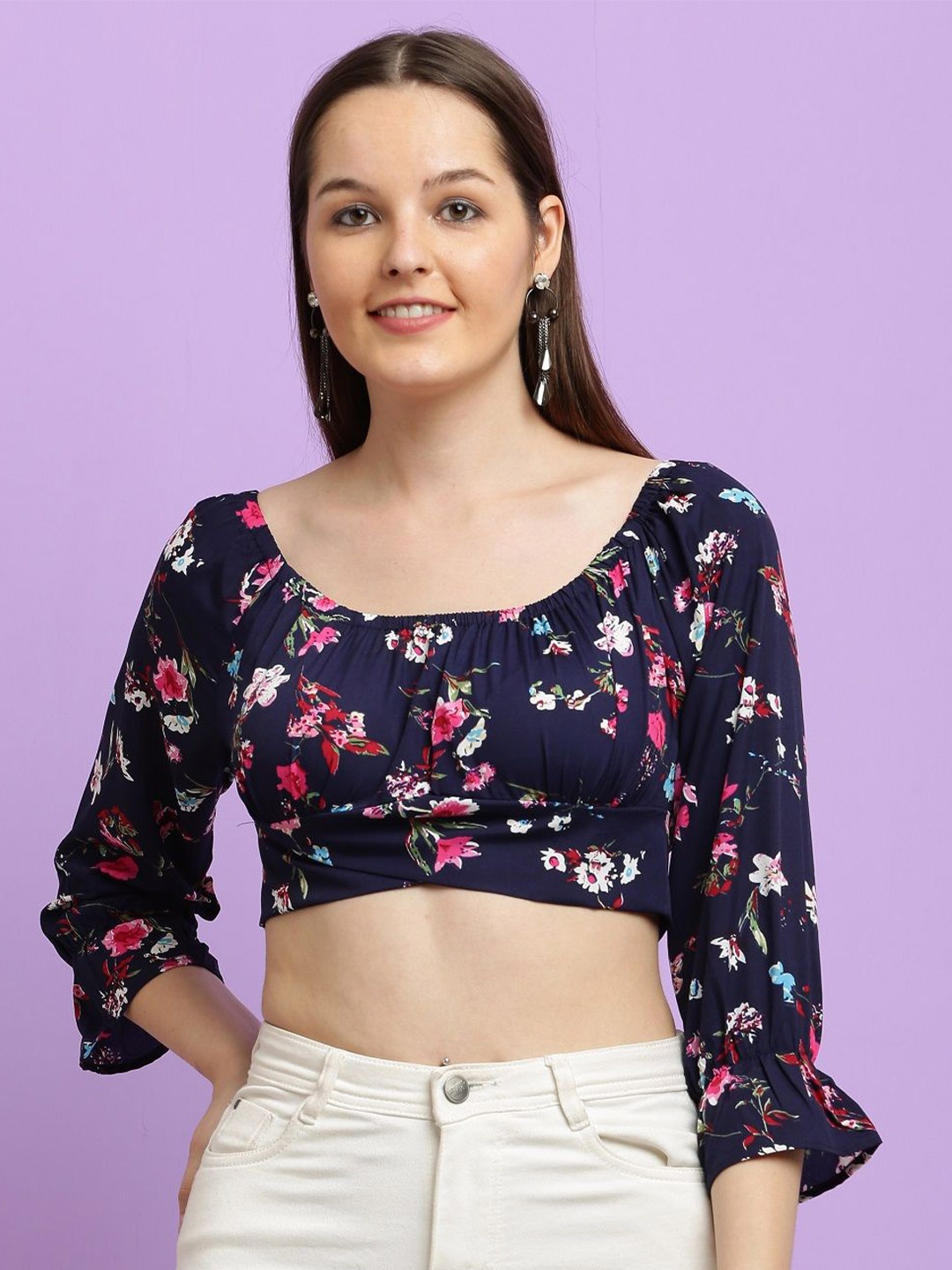 

BAESD Floral Printed Off-Shoulder Bell Sleeve Crepe Bardot Top, Navy blue