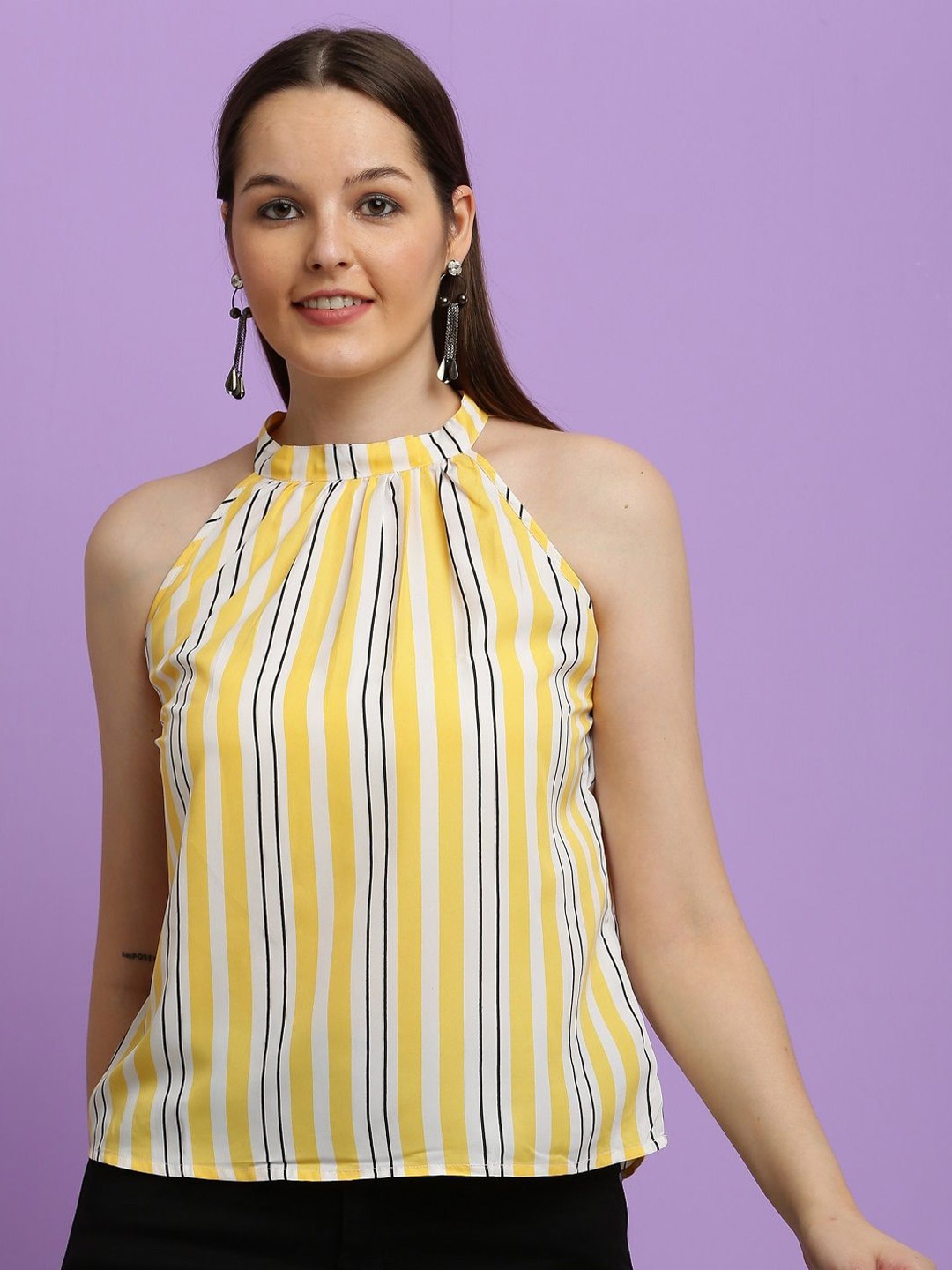 

BAESD Women Striped Halter Neck Tie-Ups Crop Top, Yellow