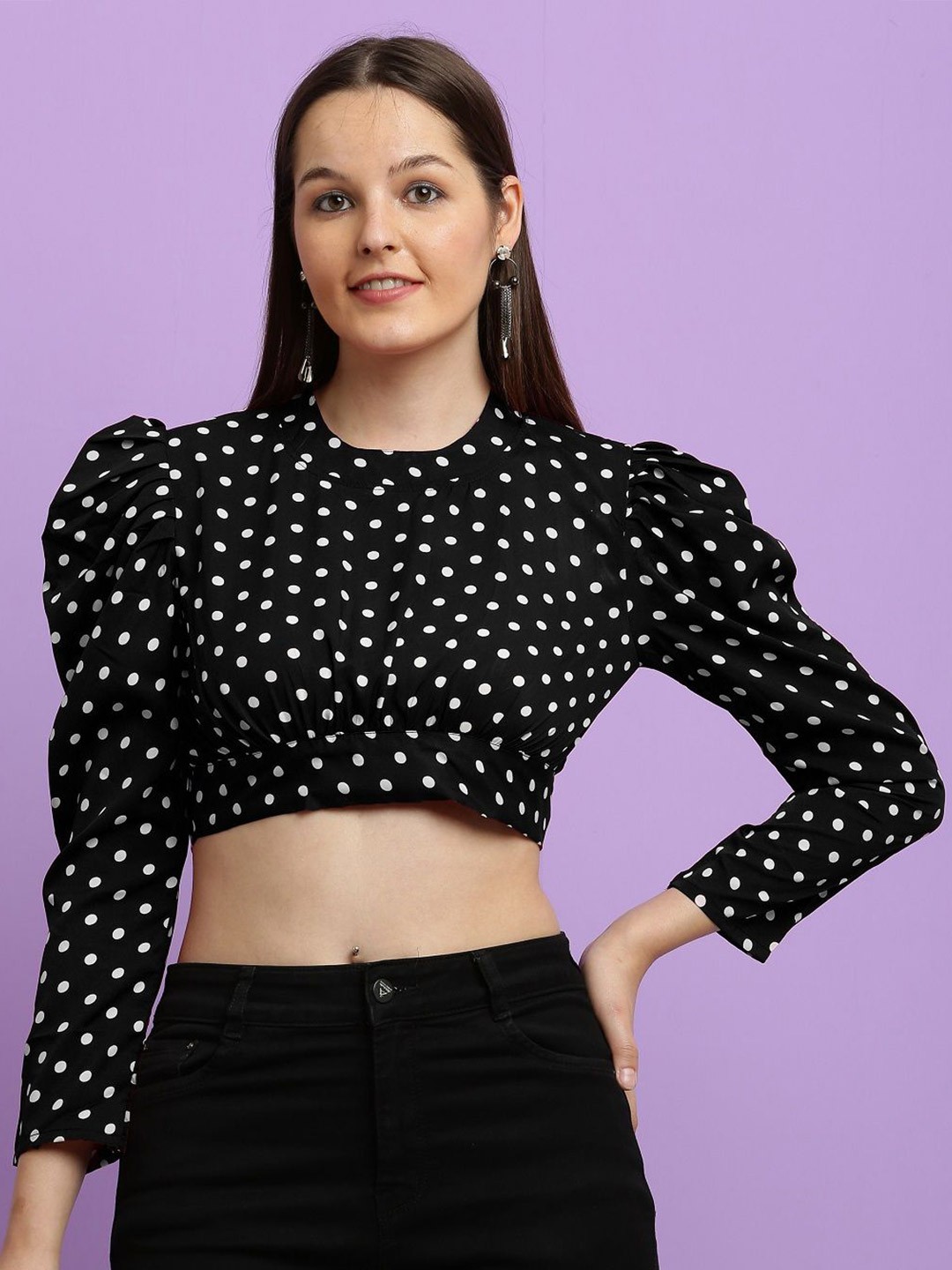 

BAESD Women Polka Dot Printed Crop Top, Black