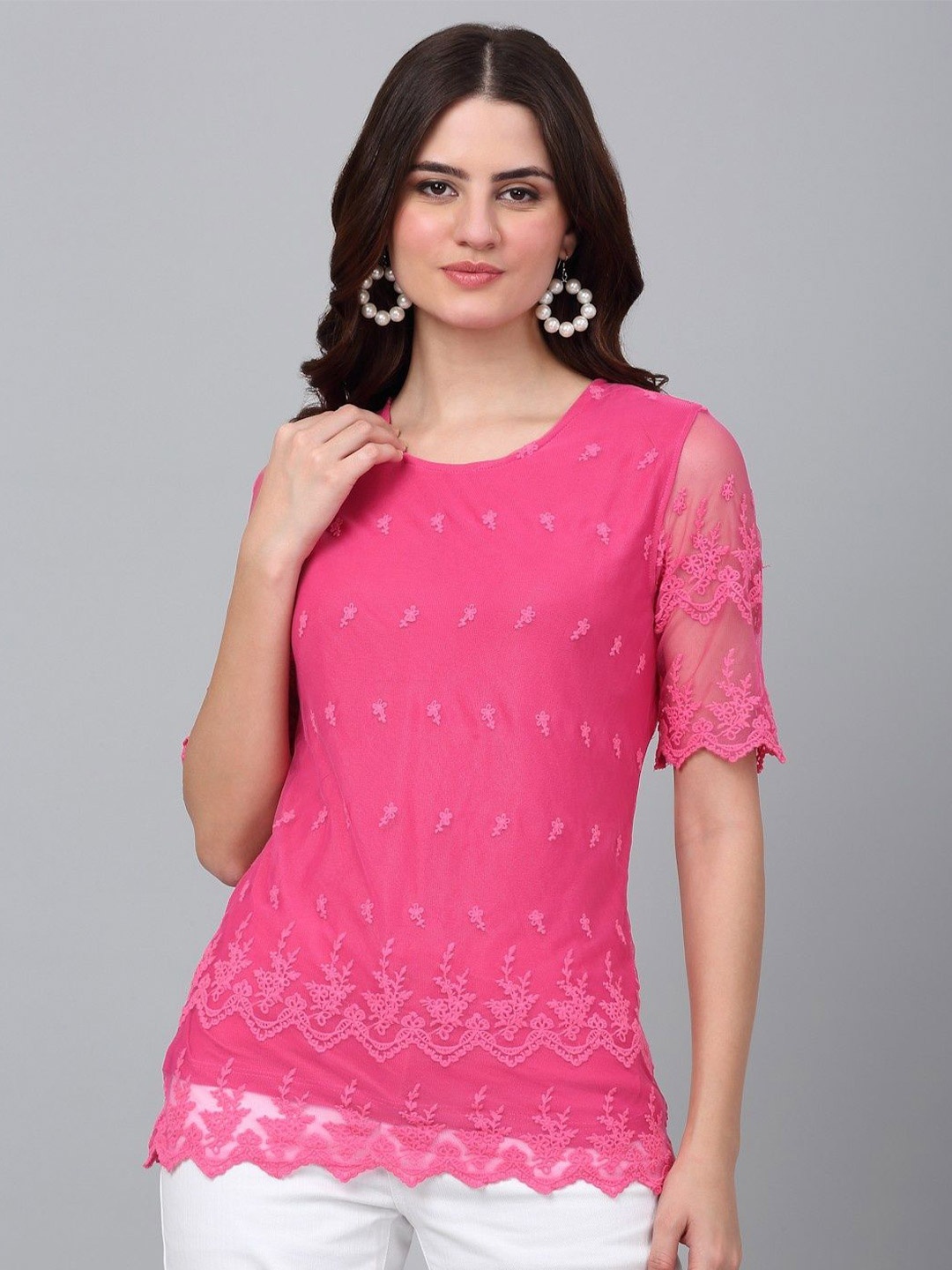 

Dressitude Women Embroidered Cotton Lace Top, Pink