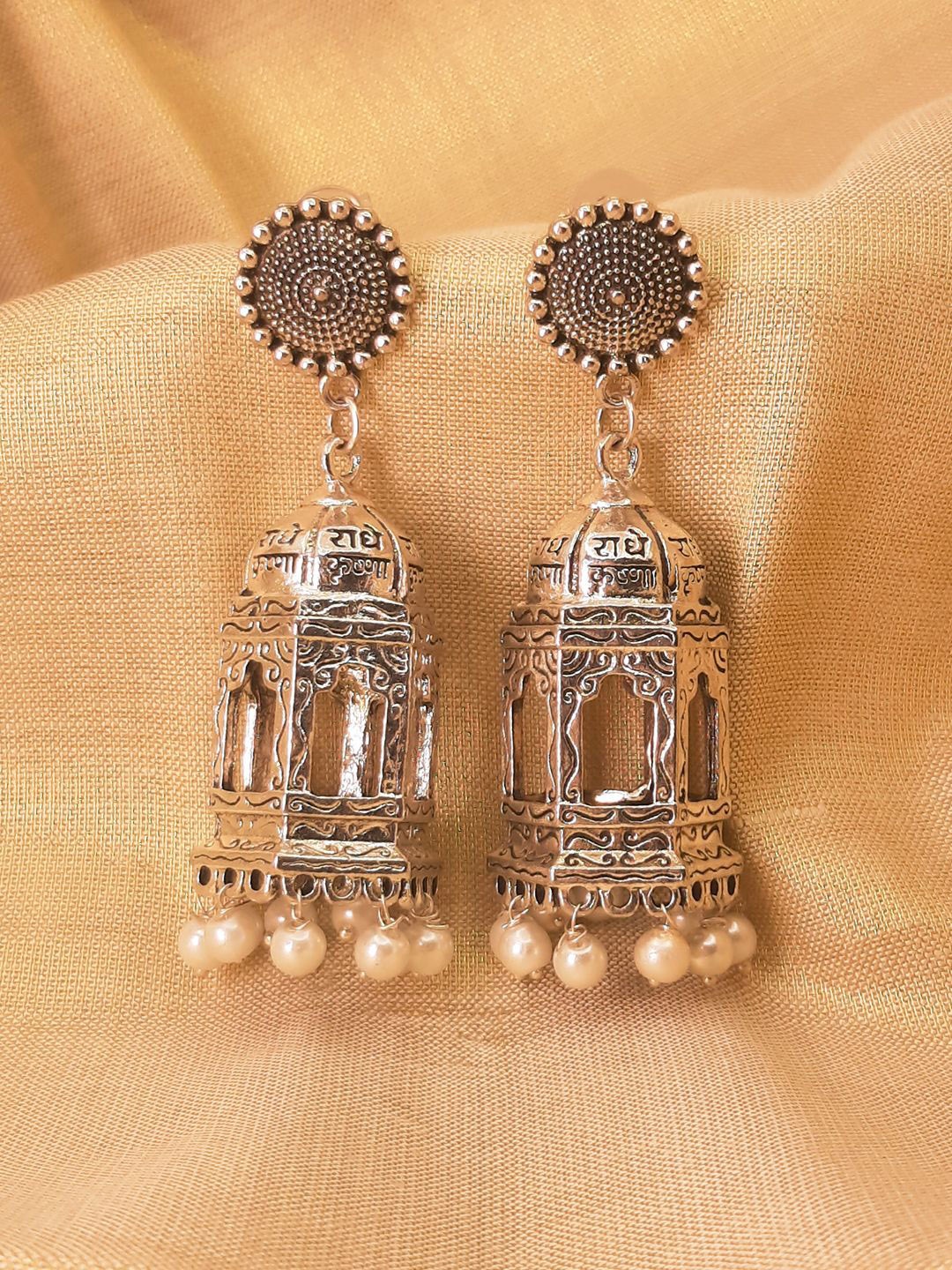 

HOPMEE Silver-Plated Artificial Beaded Dome Shaped Oxidised Jhumkas