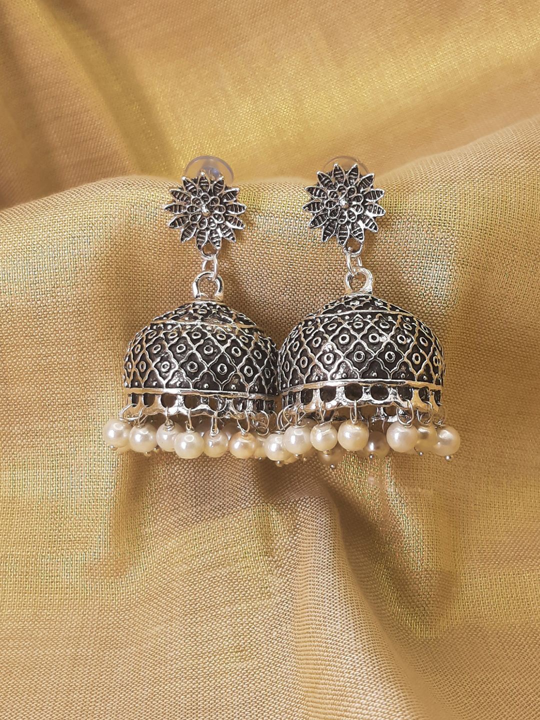 

HOPMEE Artificial Beaded Dome Shaped Oxidised Jhumkas, Silver