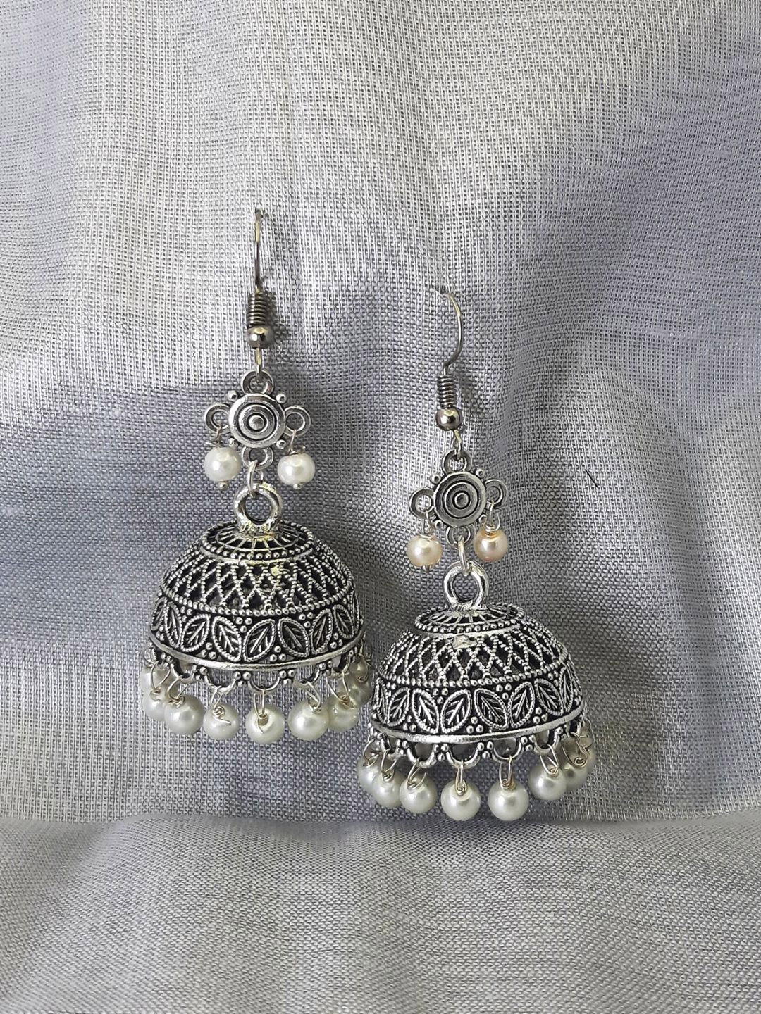 

HOPMEE Artificial Beaded Dome Shaped Oxidised Jhumkas, Silver