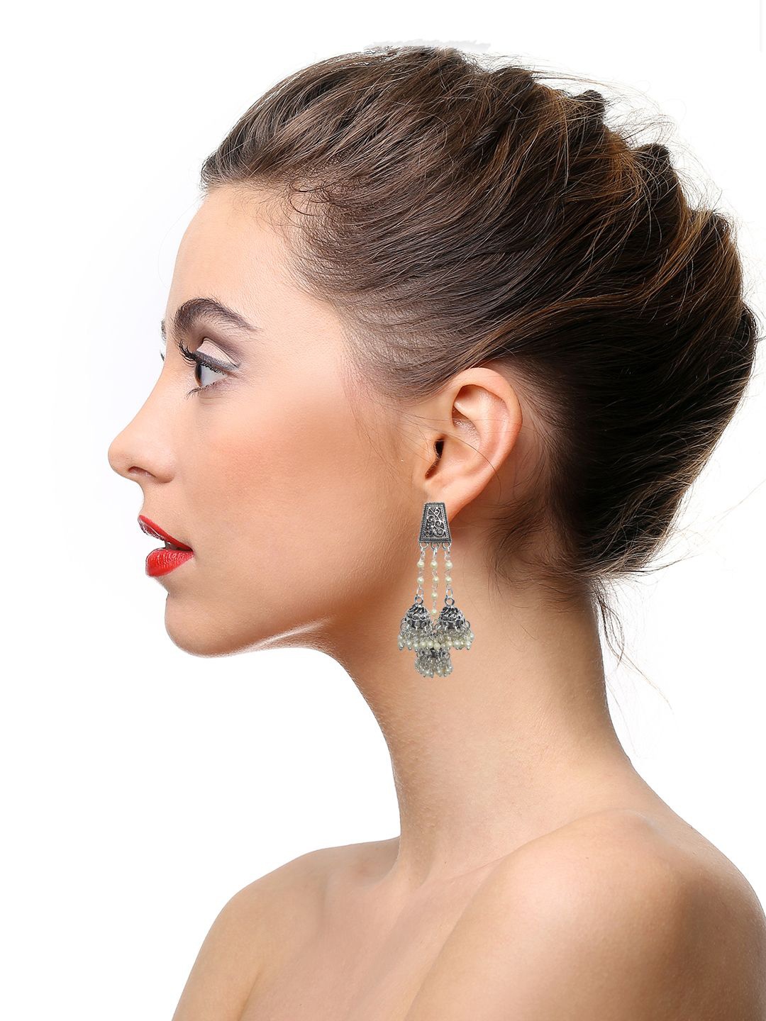 

HOPMEE Artificial Beaded Dome Shaped Oxidised Jhumkas, Silver