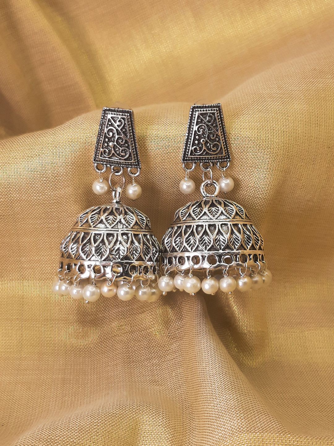 

HOPMEE Artificial Beaded Dome Shaped Oxidised Jhumkas, Silver
