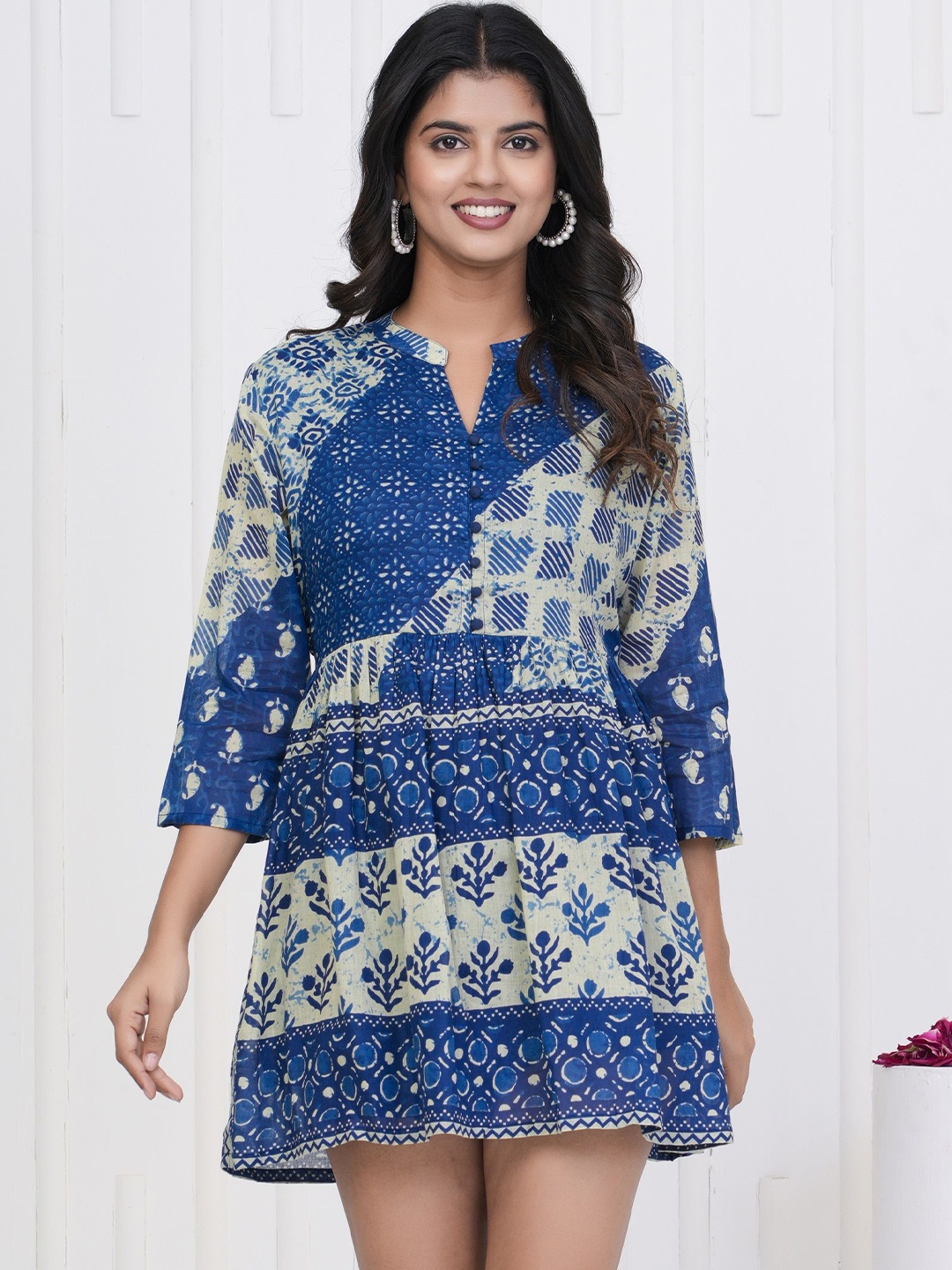 

Phool-era Women Ethnic Motifs Printed Cotton Fit & Flare Dress, Navy blue
