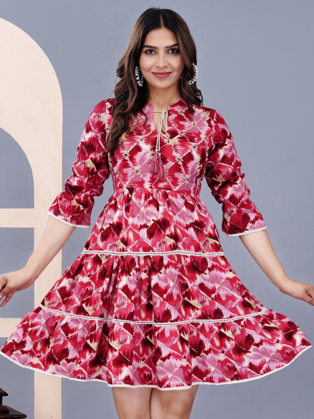 

Phool-era Women Dyed Tie-Up Neck Cotton Fit & Flare Dress, Red