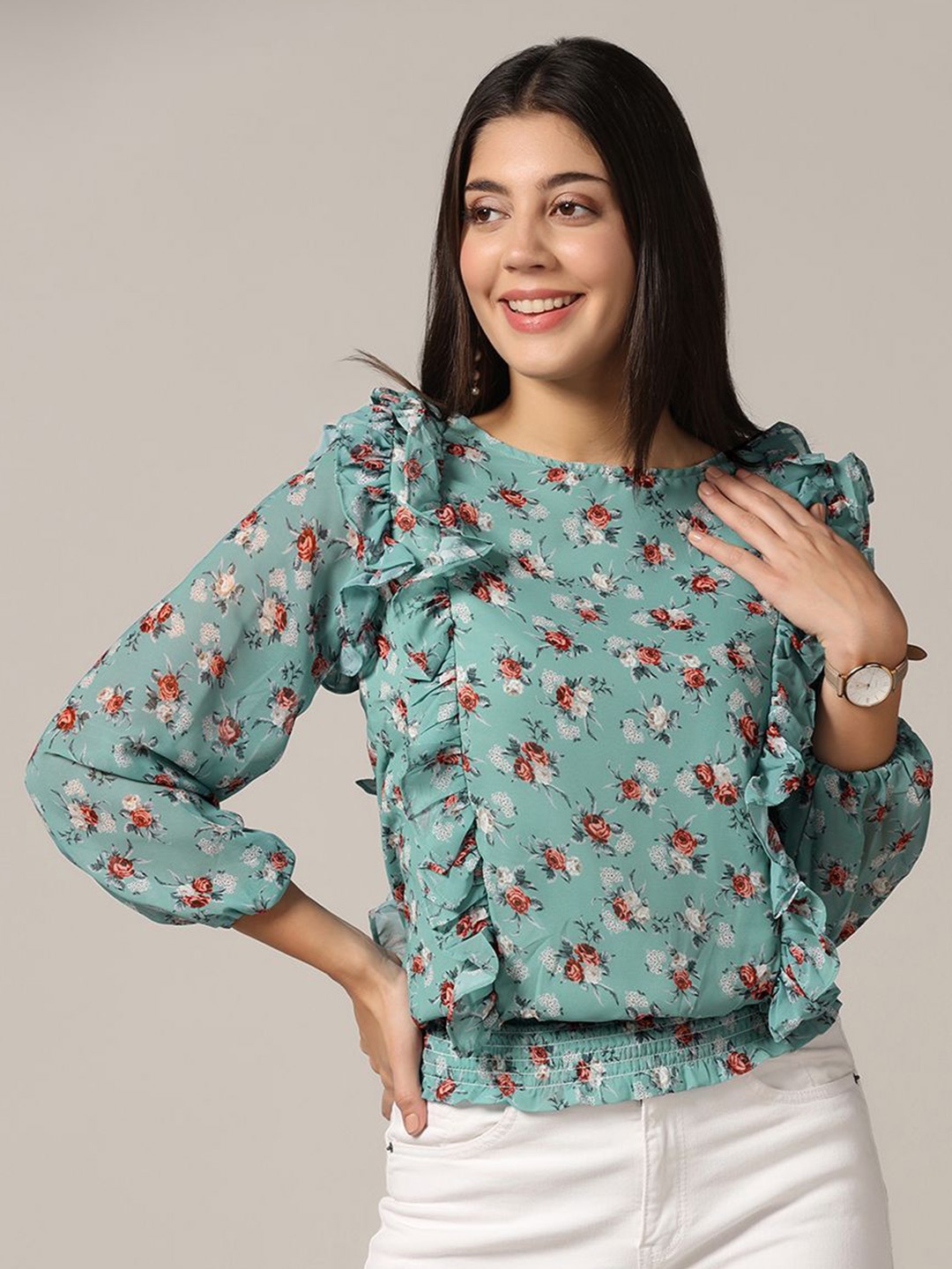 

Moda Rapido Floral Printed Puff Sleeve Ruffles Georgette Top, Green