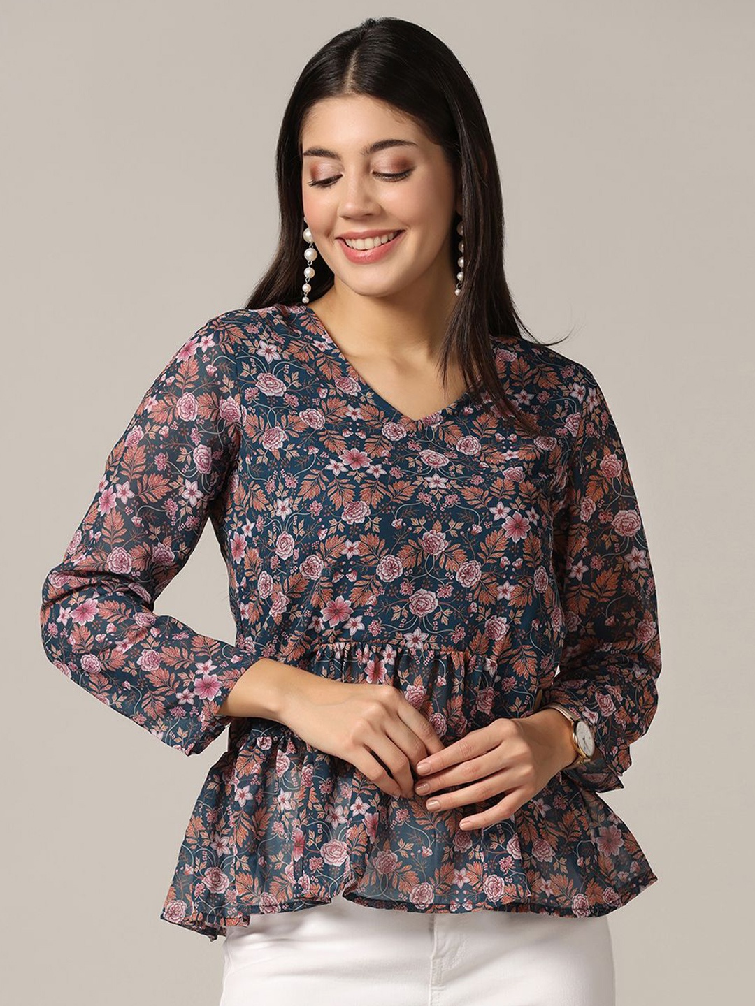 

Moda Rapido Women Cotton V-Neck Floral Printed Peplum Top, Teal