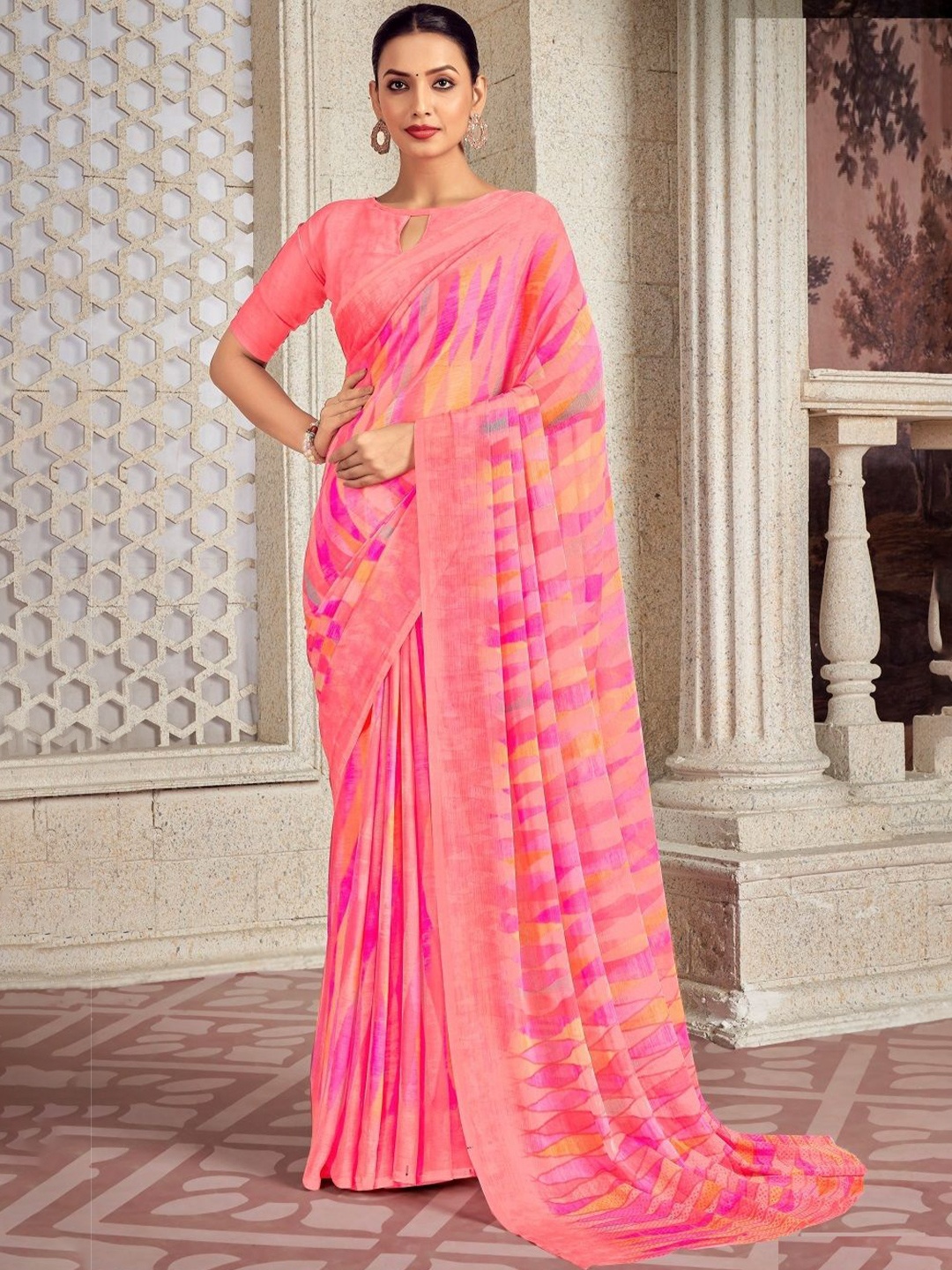 

Reboot Fashions Pure Chiffon Saree, Pink