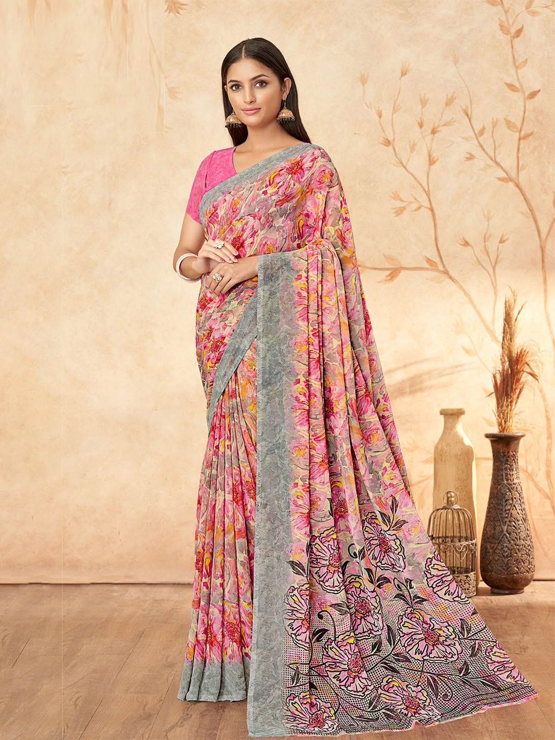 

Reboot Fashions Floral Pure Georgette Saree, Peach