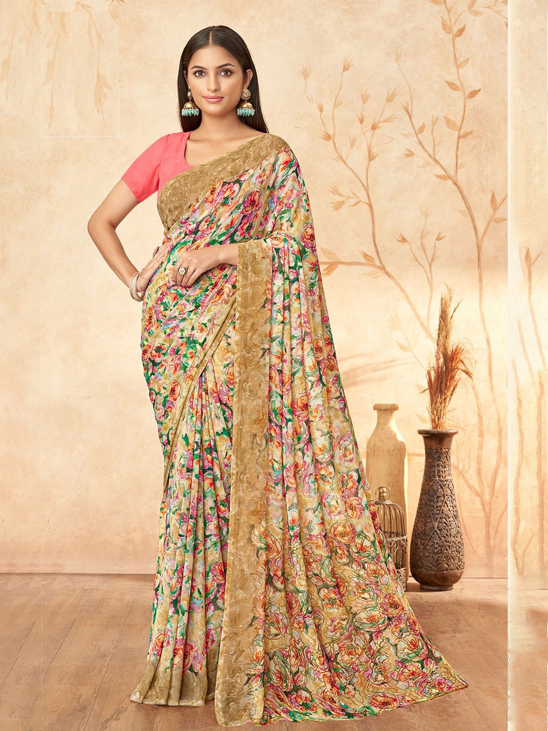 

Reboot Fashions Floral Printed Pure Georgette Saree, Cream