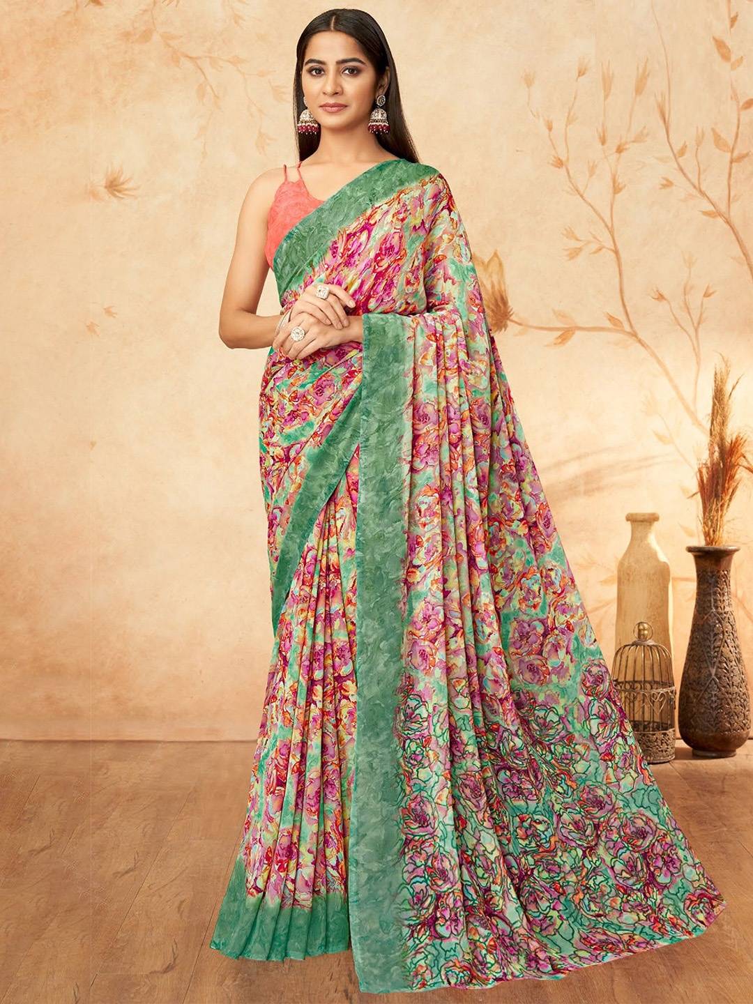 

Reboot Fashions Floral Printed Pure Georgette Saree, Red