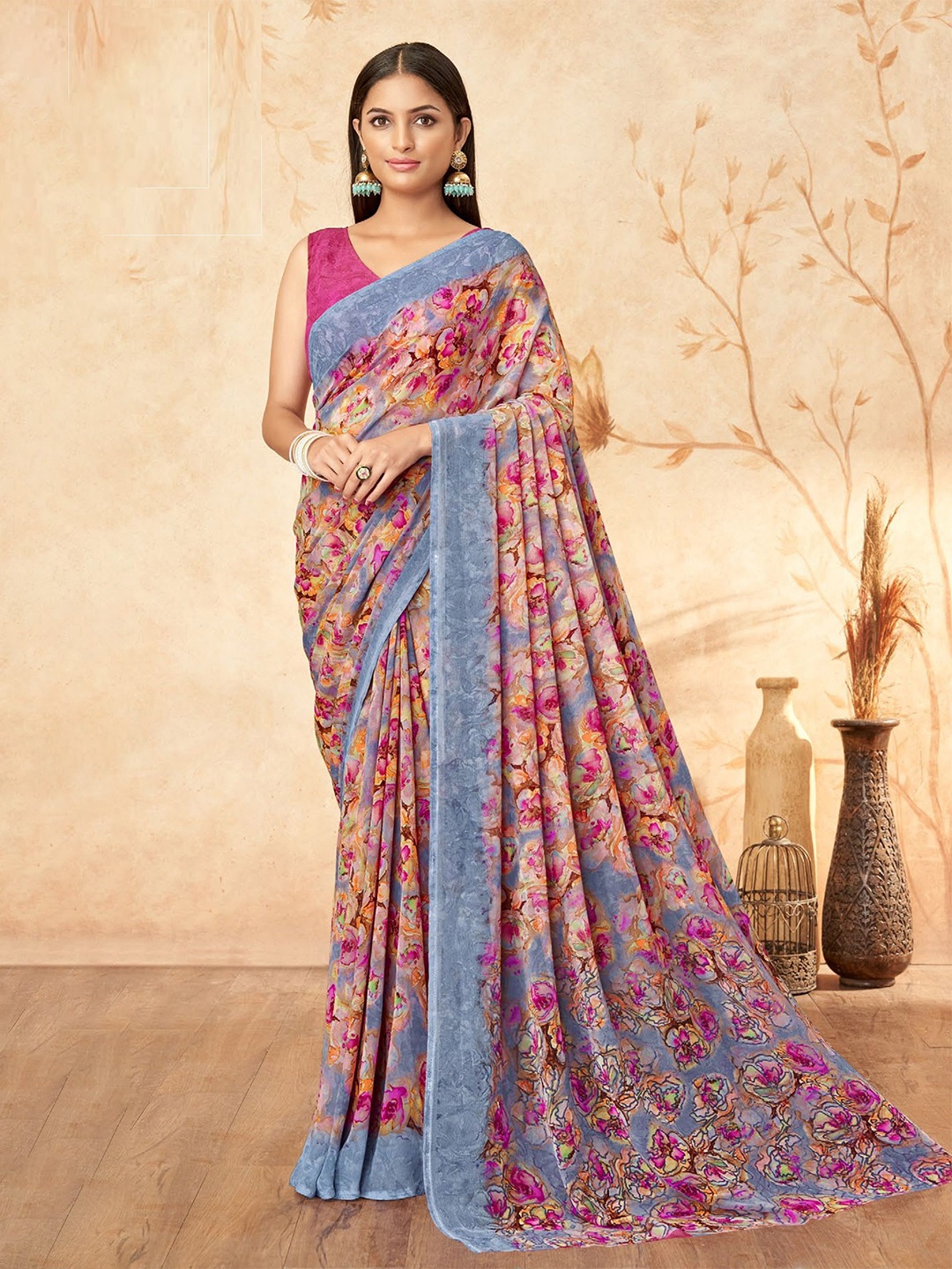 

Reboot Fashions Floral Printed Pure Georgette Saree, Grey