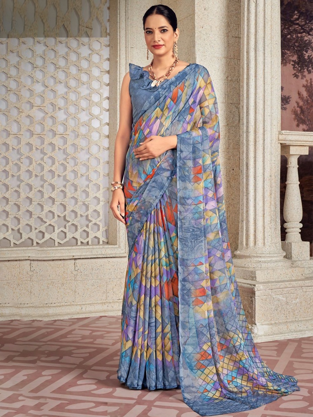 

Reboot Fashions Pure Chiffon Geometric Printed Saree, Grey