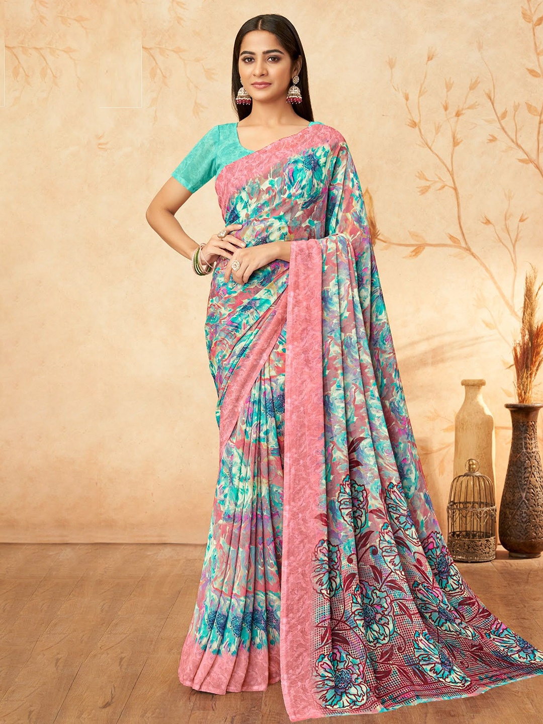 

Reboot Fashions Floral Printed Pure Georgette Saree, Sea green