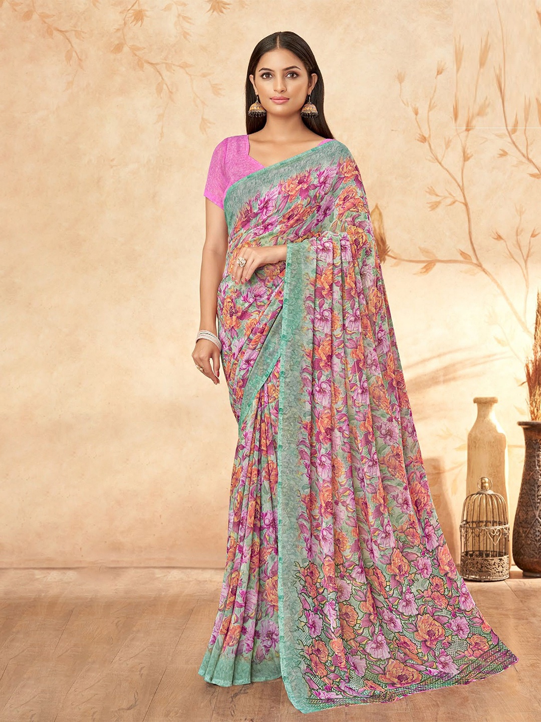 

Reboot Fashions Floral Pure Georgette Saree, Pink