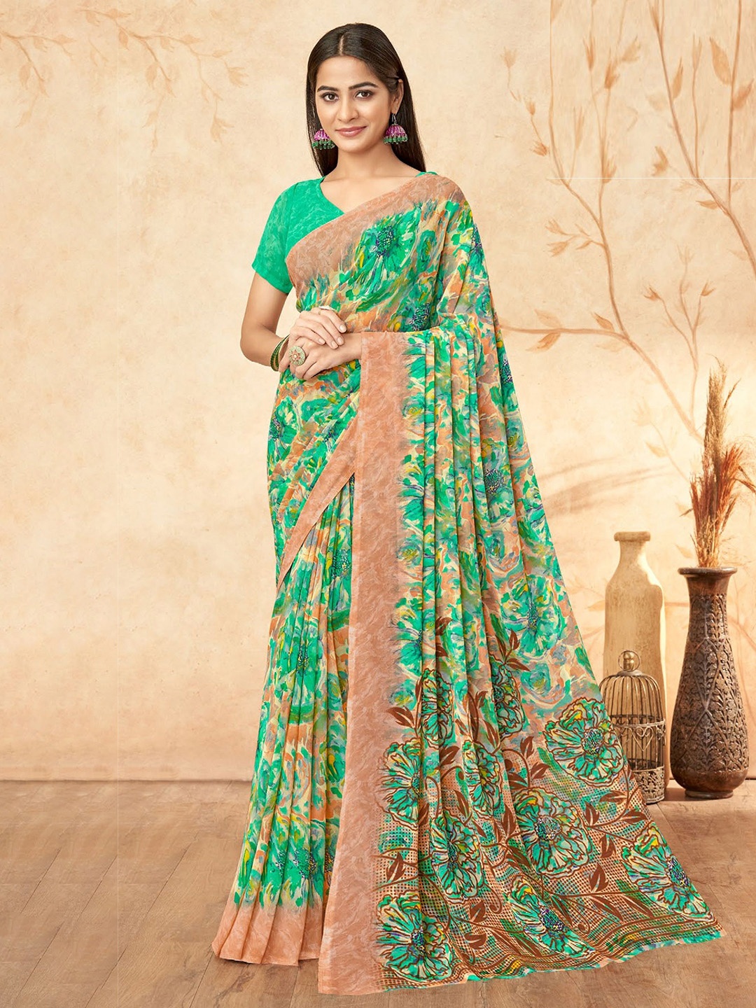 

Reboot Fashions Floral Printed Pure Georgette Saree, Green