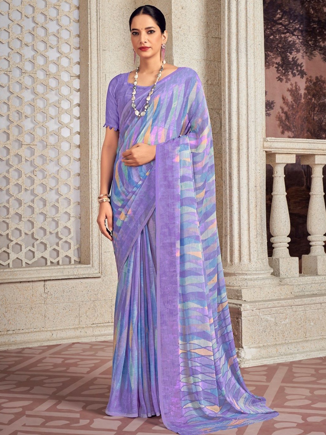 

Reboot Fashions Geometric Printed Pure Chiffon Saree, Lavender