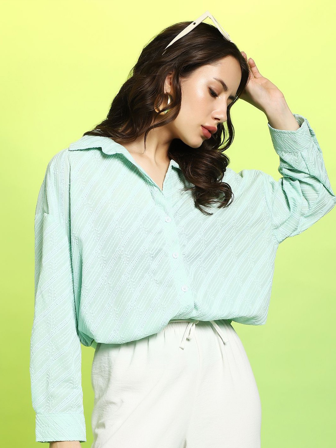 

Campus Sutra Women Comfort Fit Spread Collar Textured Cotton Casual Shirt, Green