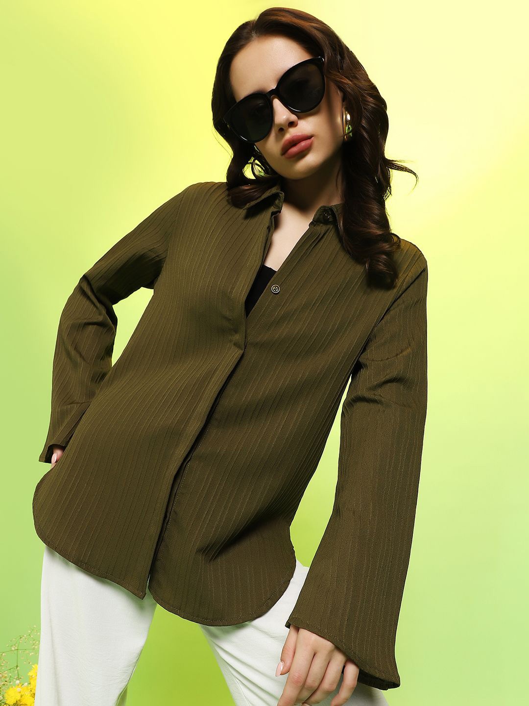 

PINACOLADA Women Comfort Fit Spread Collar Textured Casual Shirt, Green
