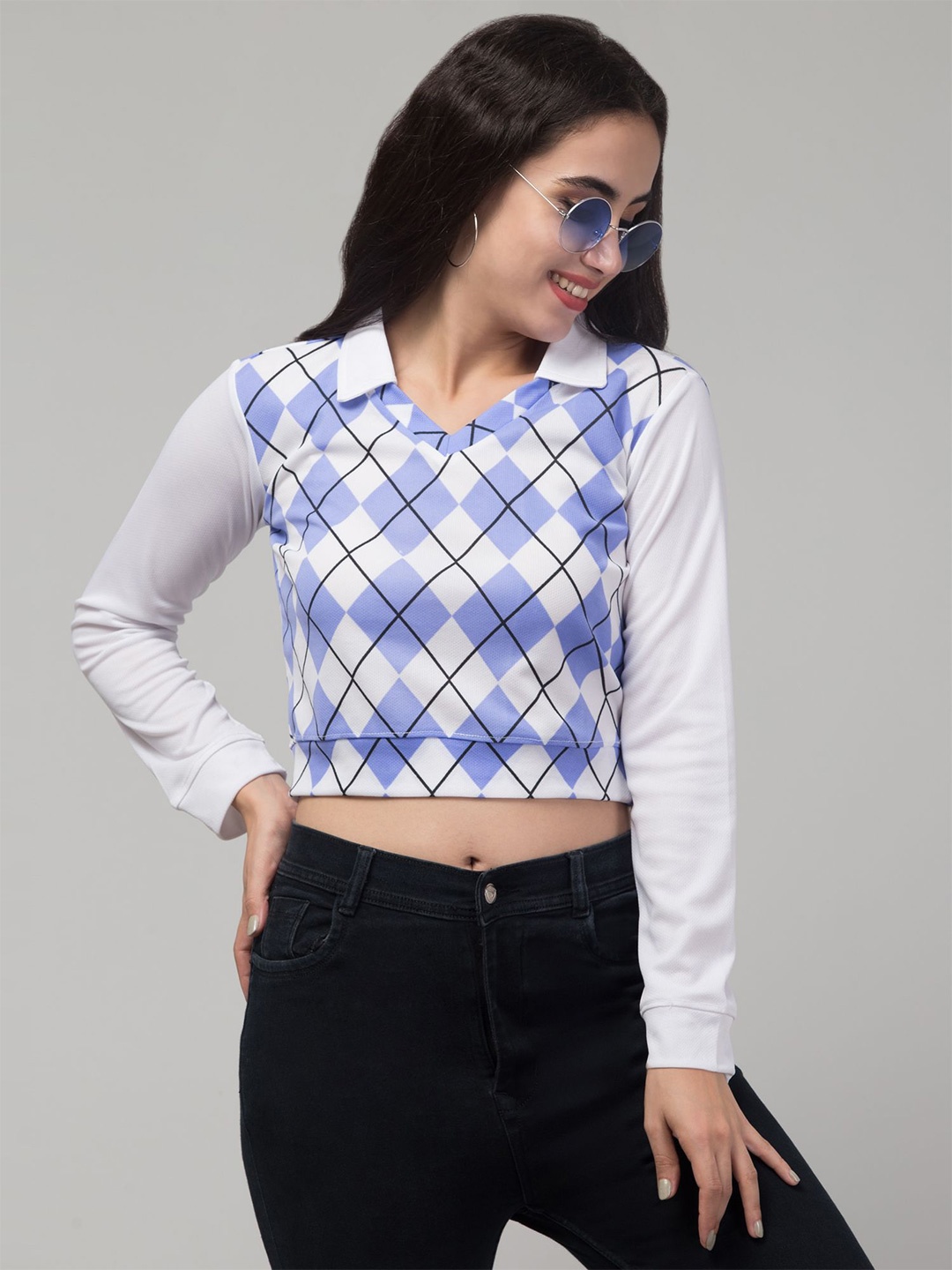 

CLOTHY Women Geometric Printed Crop Top, Blue
